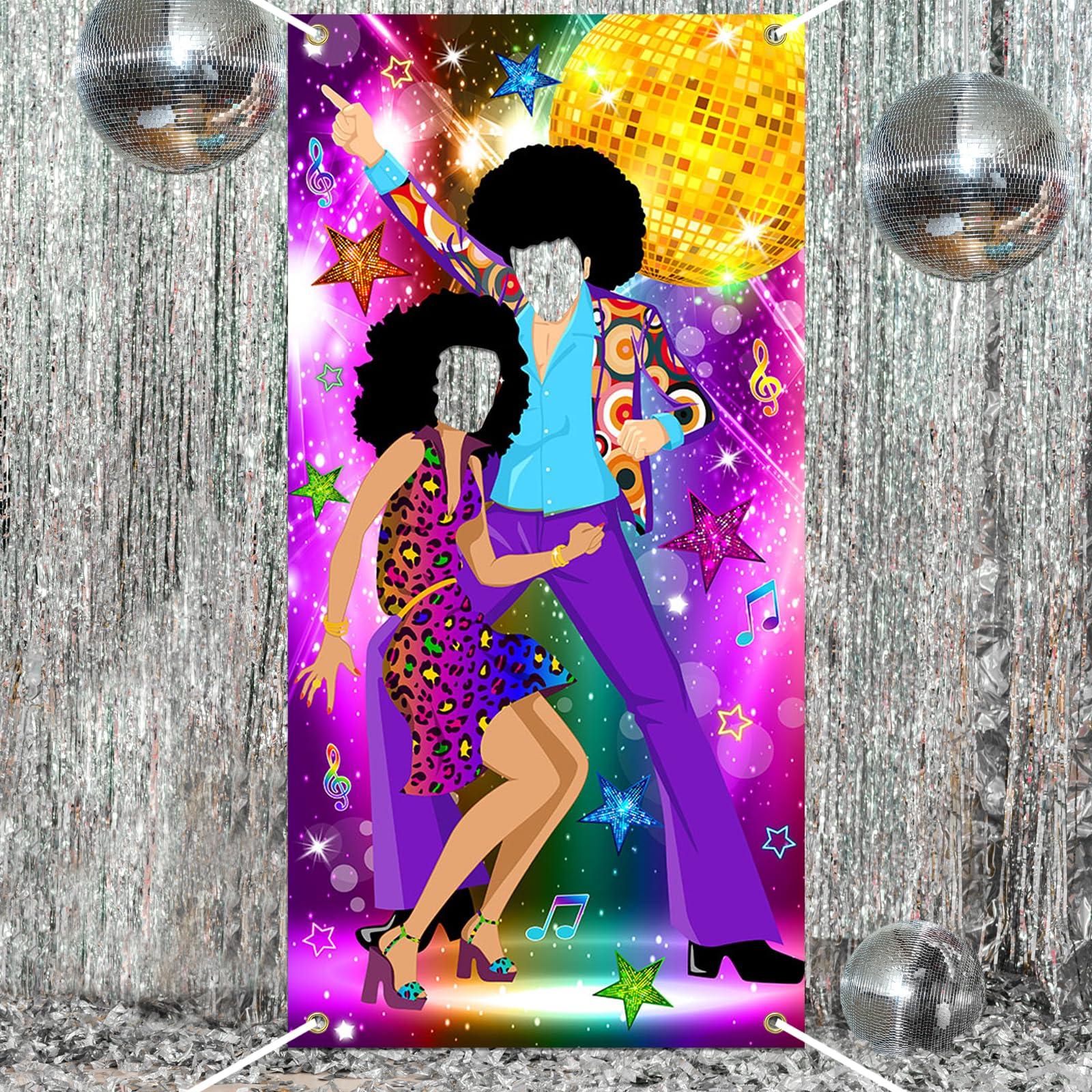 Lecheme Lecheme Disco Door Banner with Face Hole 3x6ft 70s Party Decorations 70s Theme Photo Props Party Supplies Face Cutout Photo Background