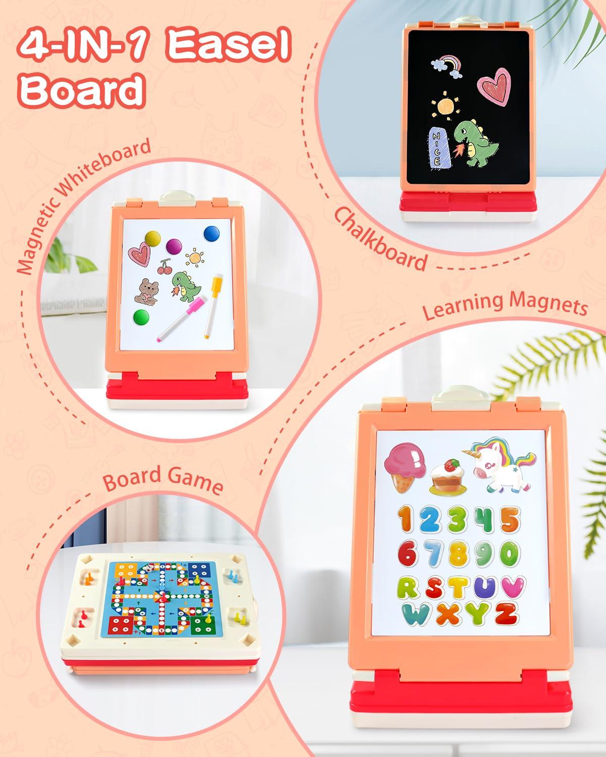 Elovien Elovien Tabletop Easel for Kids, Foldable Art Easel for Toddler,Double Sided Kids Easel with Chalkboard & Magnetic Dry Erase Board,Height Adjustable Desktop Easel, Educational Gift for Girls(Pink)