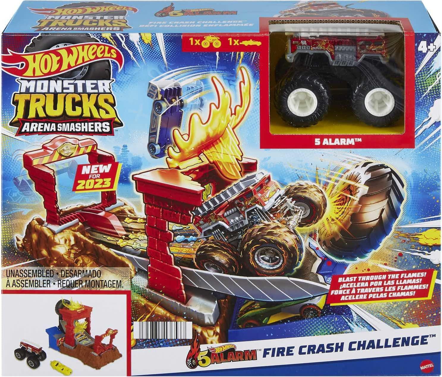 Hot Wheels Hot Wheels Monster Trucks Playset & Toy Truck, Arena Smashers 5-Alarm Fire Crash Challenge, 1:64 Scale Firetruck & Crushable Car