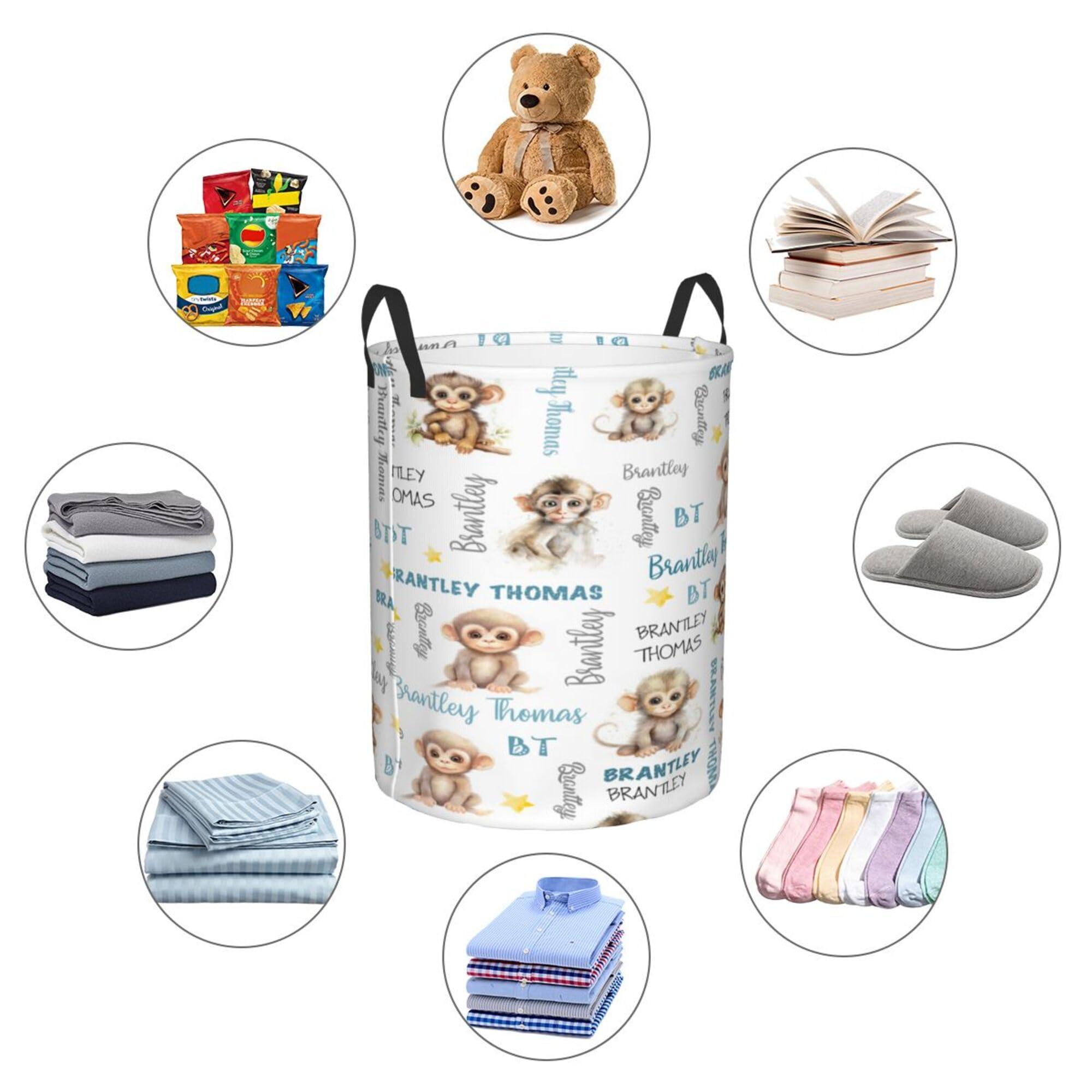 Novusopt Monkey Nursery Decor Name Baby Hampers Personalized Baby Bin Clothes Hamper Custom Laundry Basket Hamper Kids Organizers Collapsible Hamper for Boy Girl Baby Gift Baskets