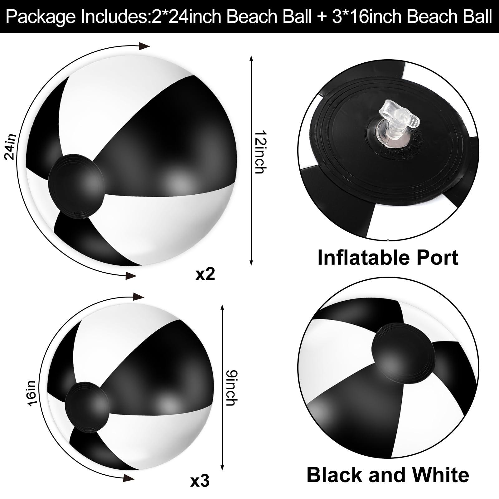 Whaline Whaline 5Pcs Inflatable Beach Ball 24 & 16 Inch Round Pool PVC Balls Cute Game Toys for Summer Hawaiian Tropical Theme Beach Party Decorations Water Sand Game Accessory (Black and White)