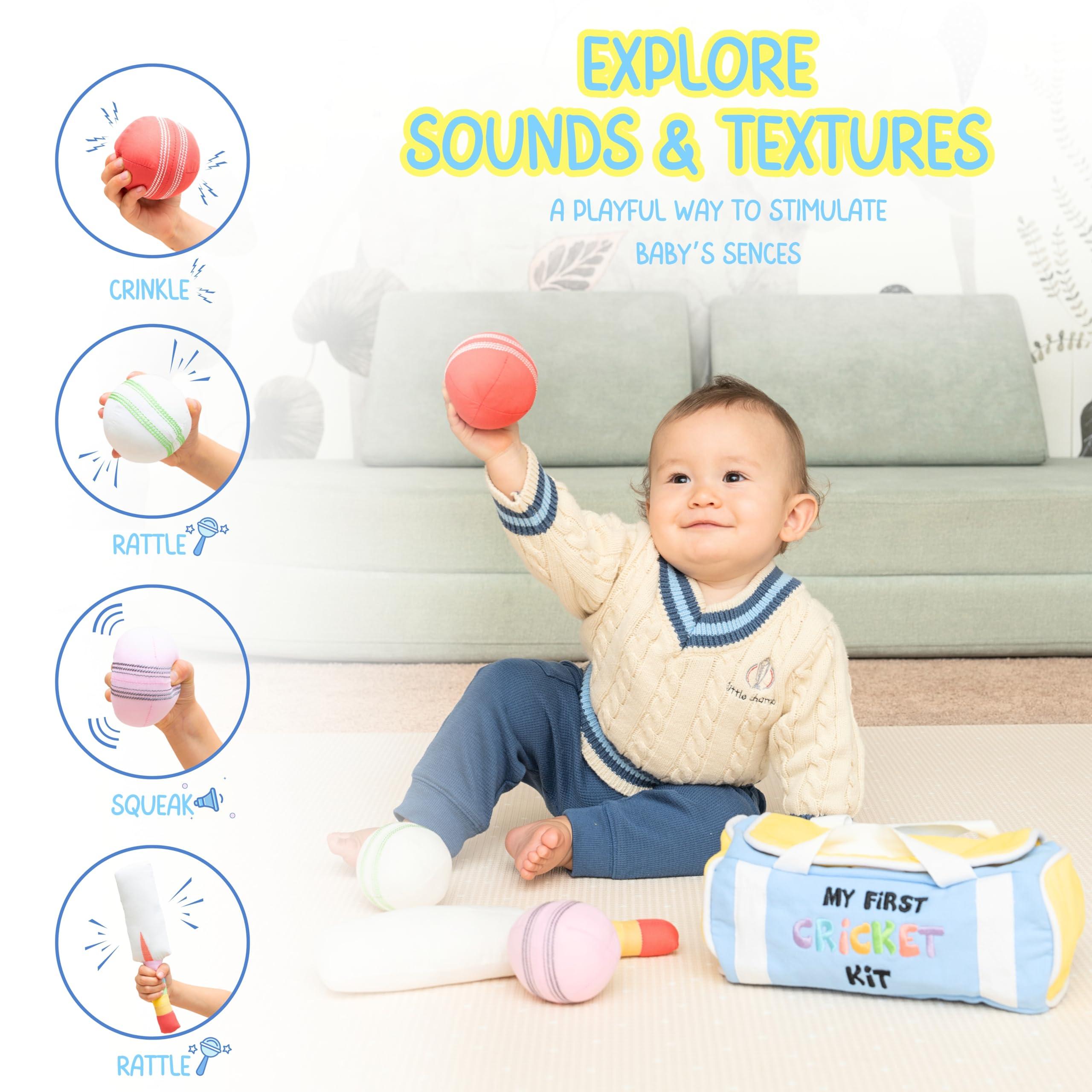 CRICBABY CRICBABY My First Cricket Kit | Organic Soft Plush Toy | Gift Baby and Infant 0-2 Years | 3 Soft Sensory Cricket Balls-Rattle, Crinkle, Squeaker & 1 Rainbow Rattle Cricket Bat | Safe, Fun, Educational