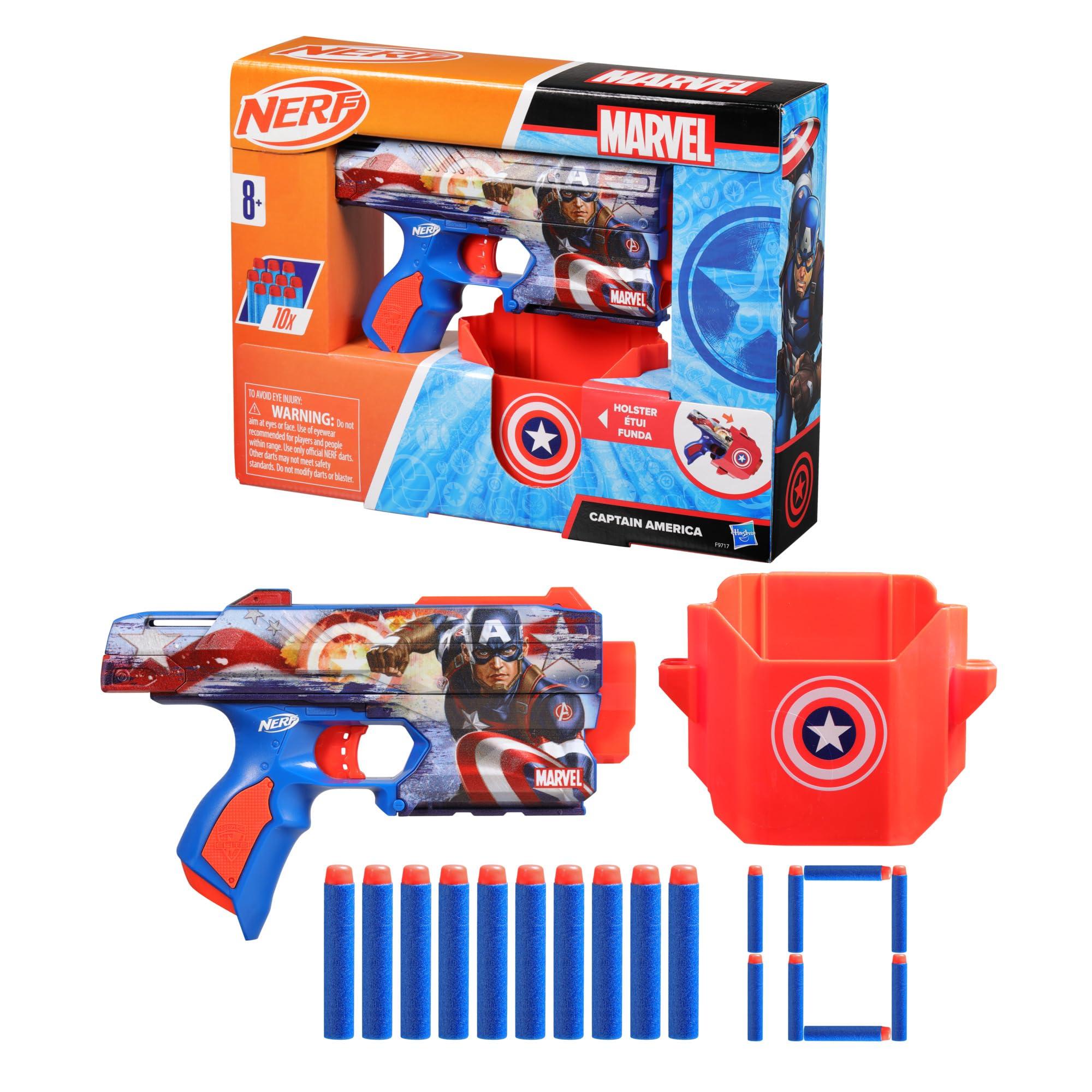 NERF NERF Marvel Captain America Dart Blaster, 10 Elite Darts, Holster, Toy Foam Blasters for 8 Year Old Boys & Girls & Up