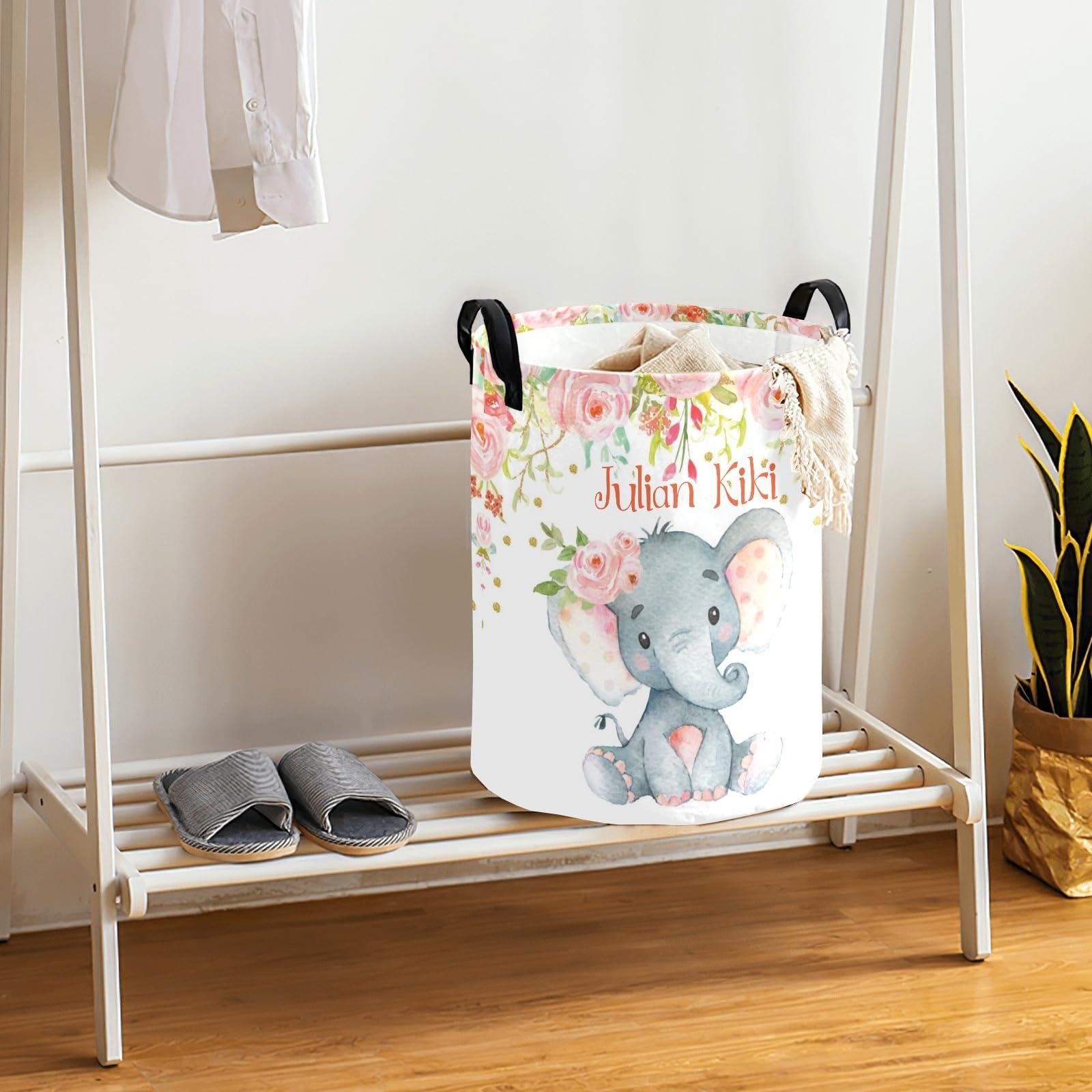 Joyestore Pink Flower Elephant Personalized Laundry Basket,Custom Name Collapsible Waterproof Laundry Hamper Storage Bins with Handle for Clothes,Toys Nursery