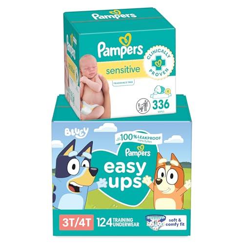 Pampers Pampers Easy Ups Bluey Pull On Training Pants Boys and Girls, 3T-4T, 124 Count with Sensitive Water Based Baby Wipes 4X Pop-Top Packs (336 Count)