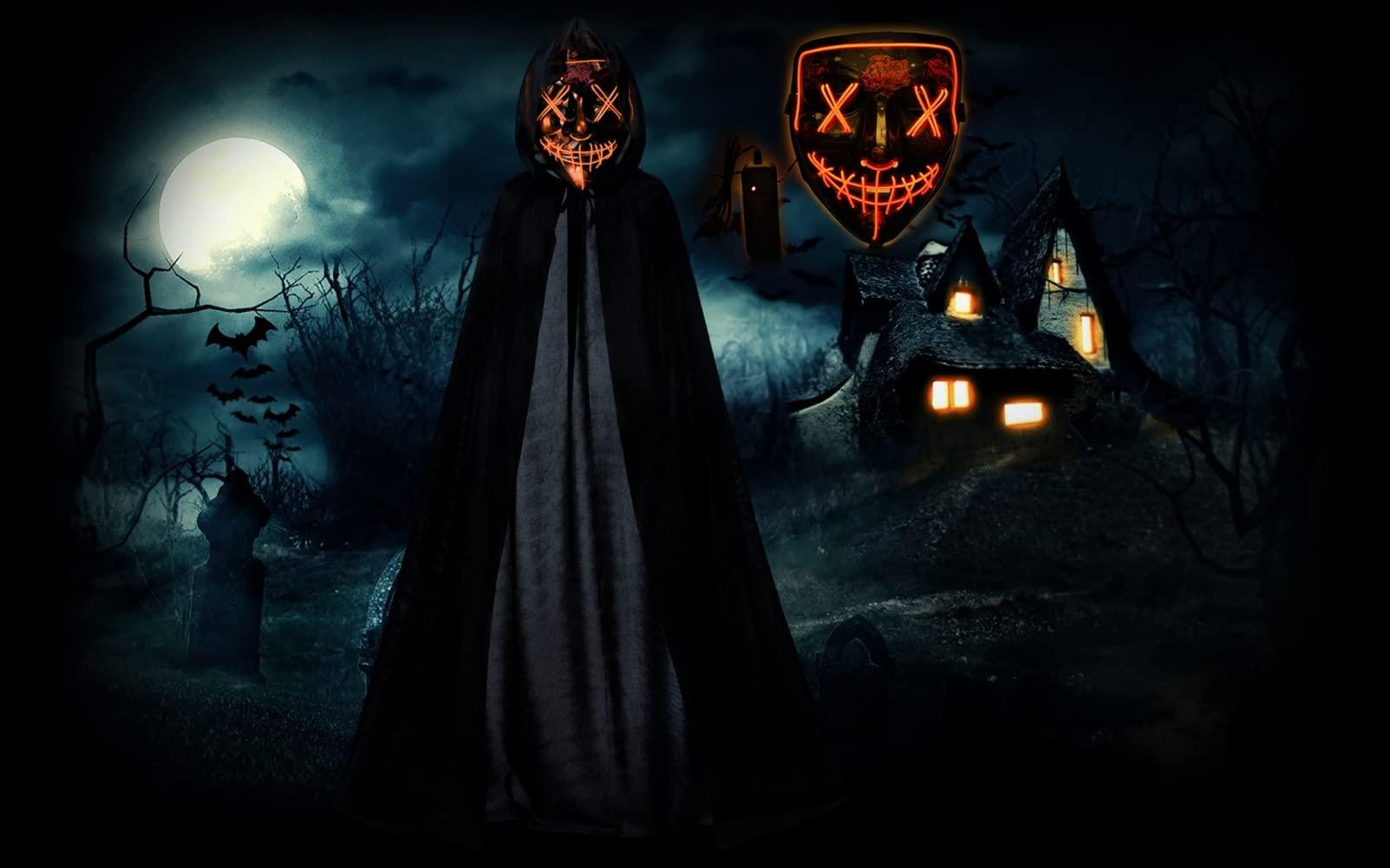 Joy Join Kids Full Length Hooded Velvet Cloak Halloween Cape Costumes with Orange LED Light up Scary Mask (35\"/90cm)