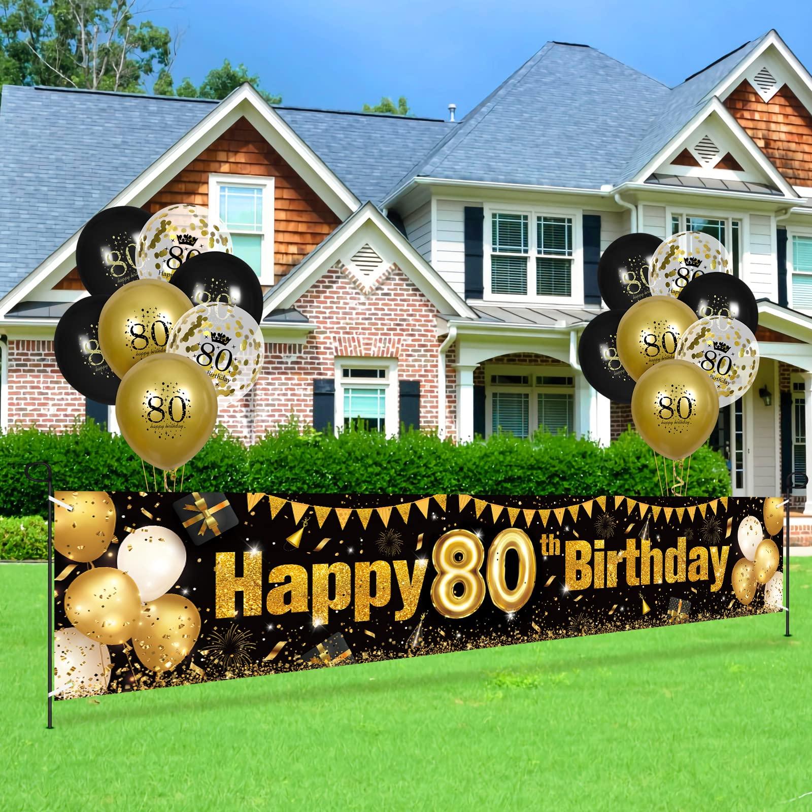 RUMIA 80th Birthday Decorations for Men Women Black and Gold, Black Gold Birthday Yard Banner Sign and 18 PCS 80th Happy Birthday Balloons for 80th Anniversary Birthday Party Supplies Outdoor Yard Decor