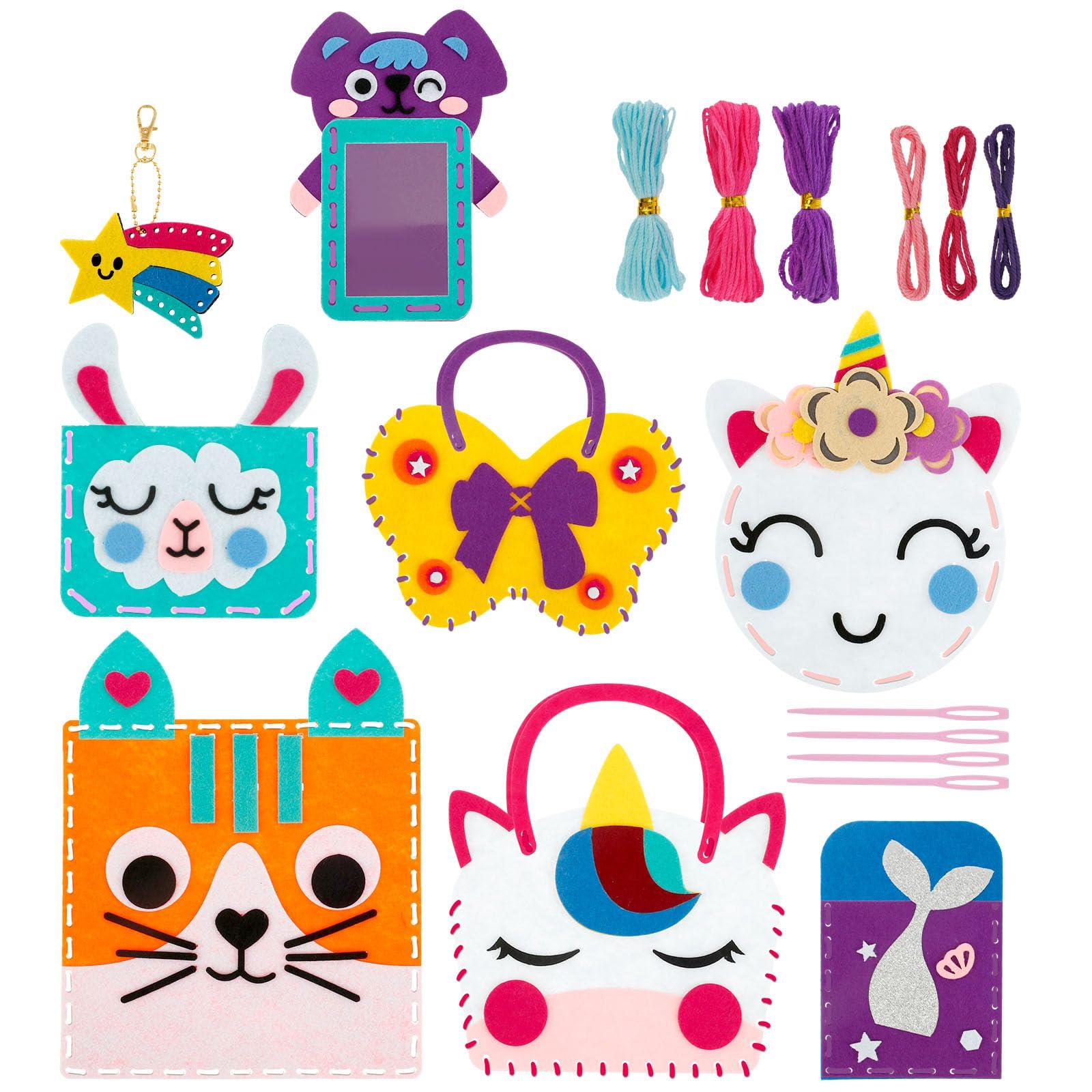 DJAPWPX 8 Pcs Kids Sewing Kit DIY First Felt Sewing Kit Educational Beginner Sewing Kit for Kids Creative Felt Sewing Craft Kit for Girls Boys Aged 6+