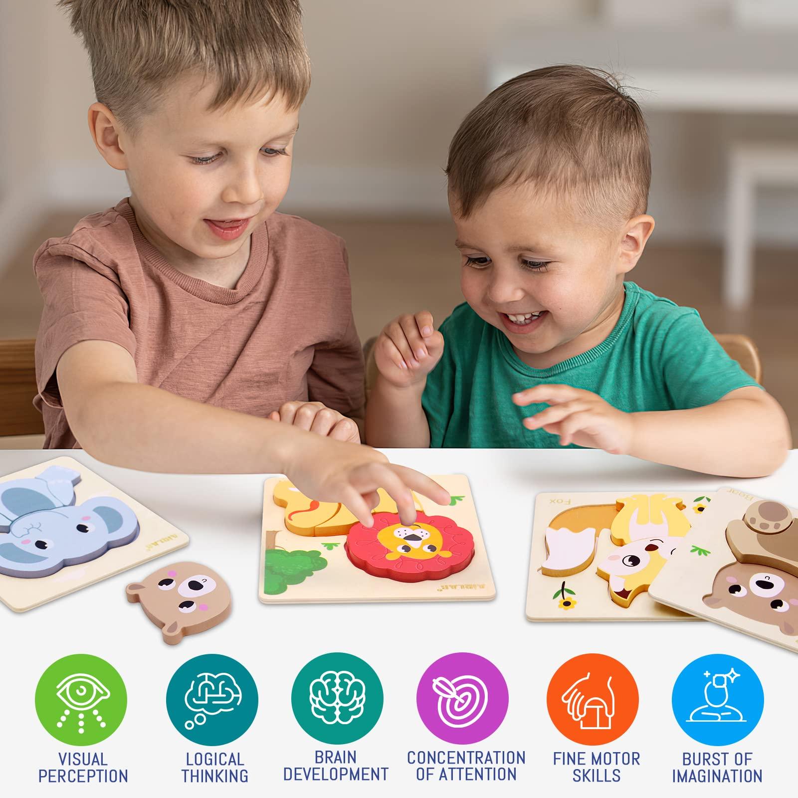 Airlab Wooden Puzzles for Toddlers 1 2 3 Year Old Animals Shape Puzzle Toys for Travel Airplane Gift for Kids Montessori Early Development Gifts for Baby Boys Girls with Drawstring Bag Pack of 4