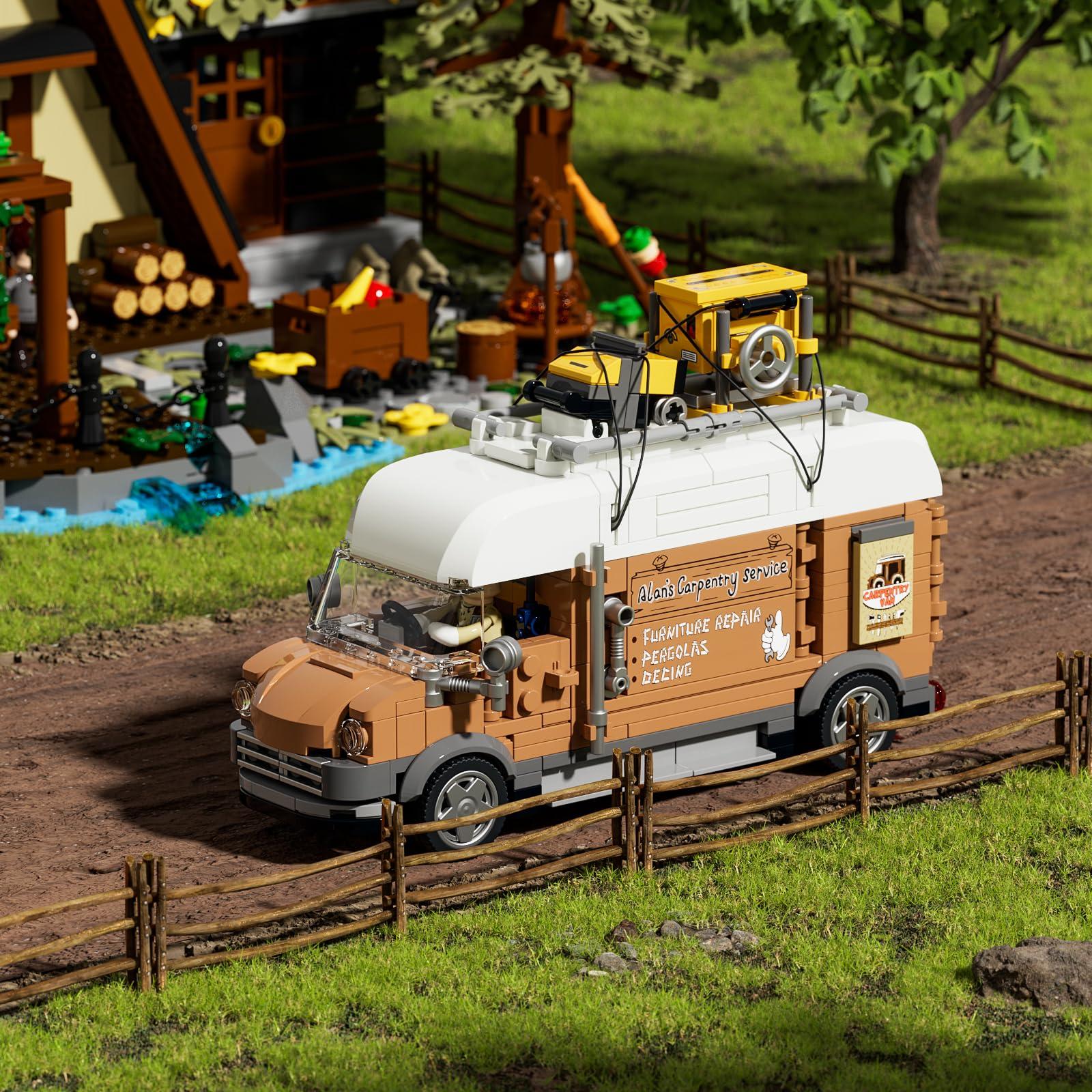 FUNWHOLE FUNWHOLE Carpentry Van Lighting Building-Bricks Set - Farm Woodworker Car Collectible Display Set 496 Pcs for Adults and Teen