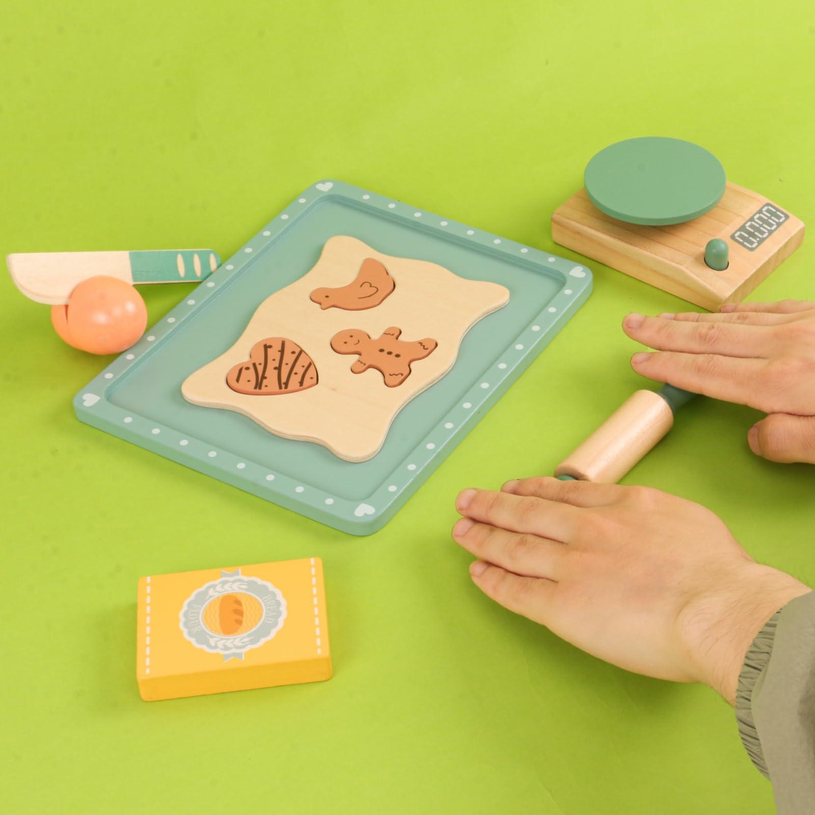 MIKNEKE Wooden Cookie Bake Play Food Set, Pretend Play Cookies and Baking for Toddlers, Montessori Play Kitchen Accessories Wooden Food Set for Kids (Cookie Maker)