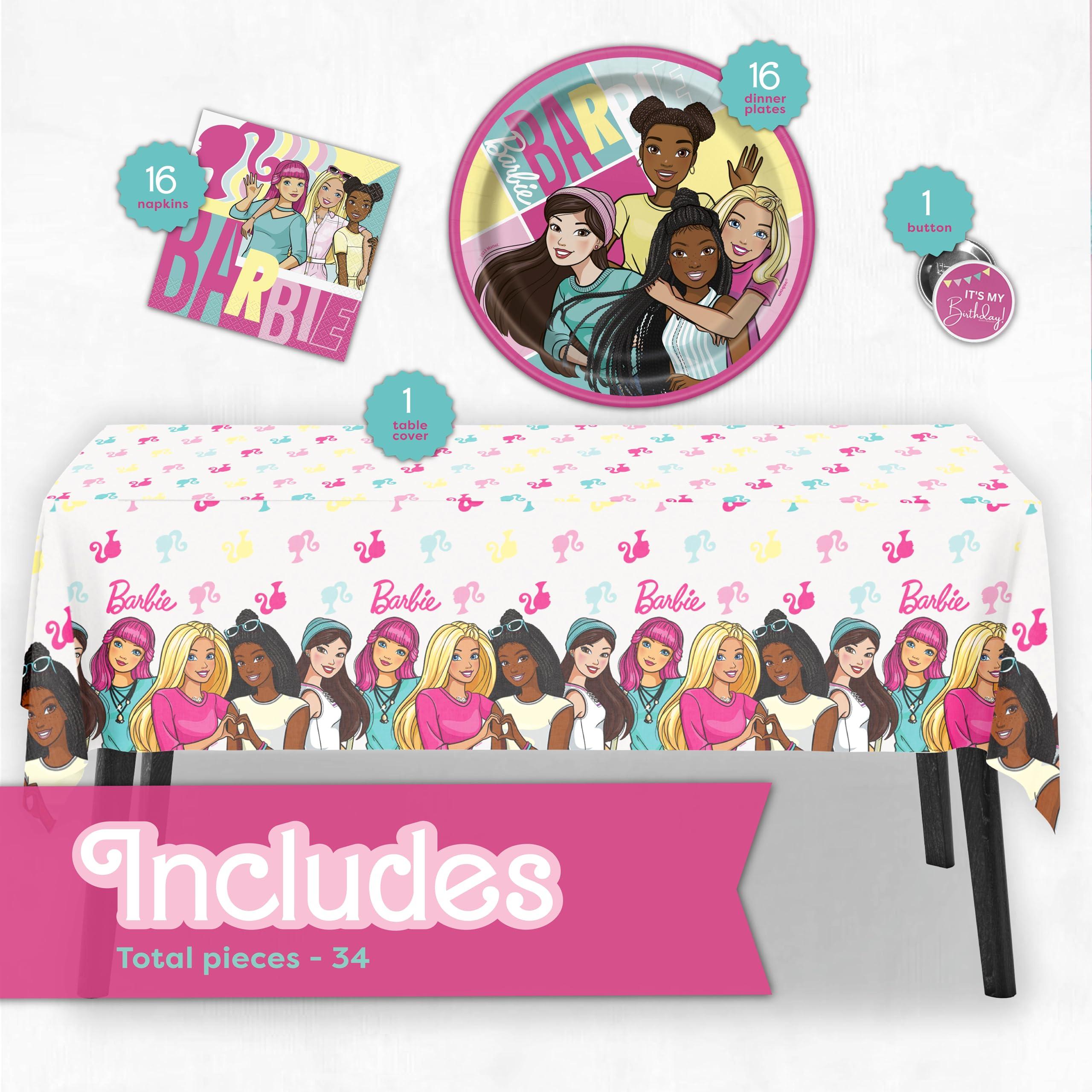 Unique Unique Barbie Party Decorations | Serves 16 Guests | Officially Licensed | Barbie Birthday Decorations | Barbie Birthday Party Supplies | Barbie Tablecover, Plates, Napkins, Button