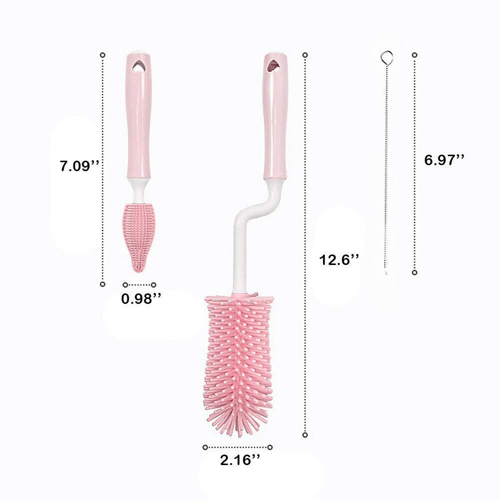 Magik Magik 3PCS Set Silicone Feeding Baby Bottle Nipple Straw Cleaning Brush 360 Degree (Pink)