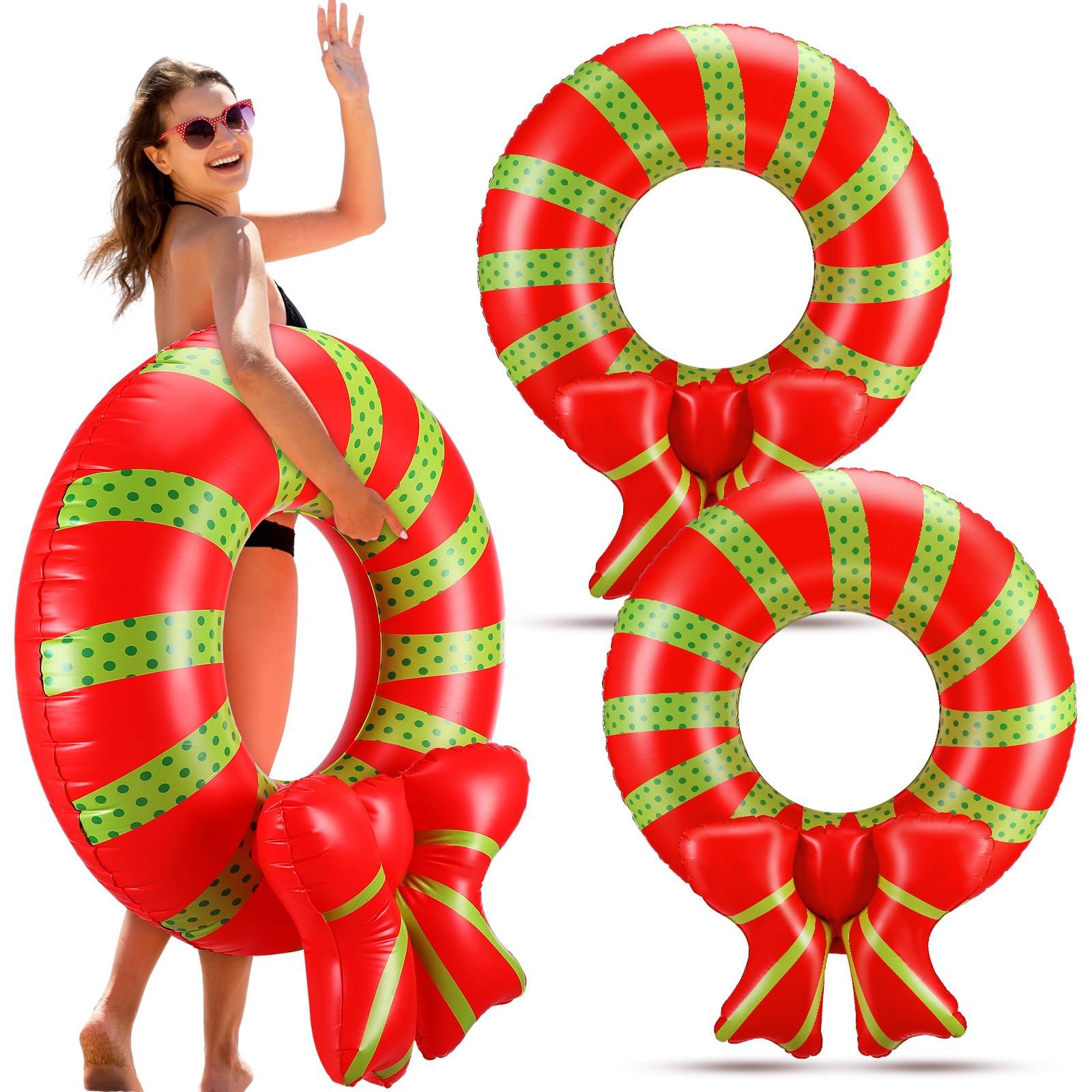 JellyArch JellyArch 2 Pcs Christmas Inflatable Wreath Decorations Inflatable Christmas Pool Ring Float with Bow Xmas Holiday Hanging Wreath Decor Indoor Outdoor for Party Window Lawn Yard Garden(43 Inches)