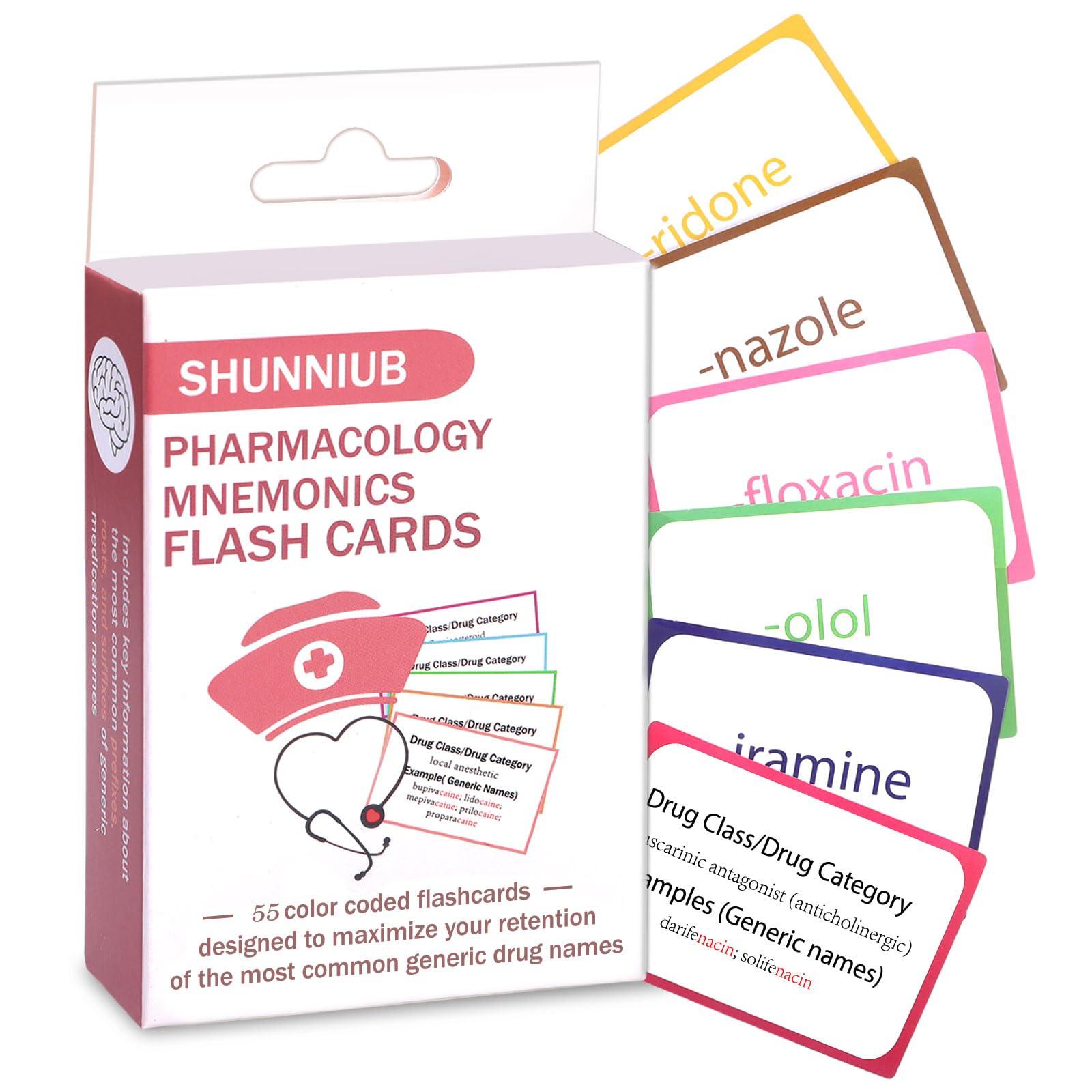 SHUNNIUB Pharmacology Mnemonics Flashcards: 60 Durable Flashcards with Mnemonics for Easy Drug Classification - A Must-Have Nursing School Success Bundle for Paramedic & Med Students