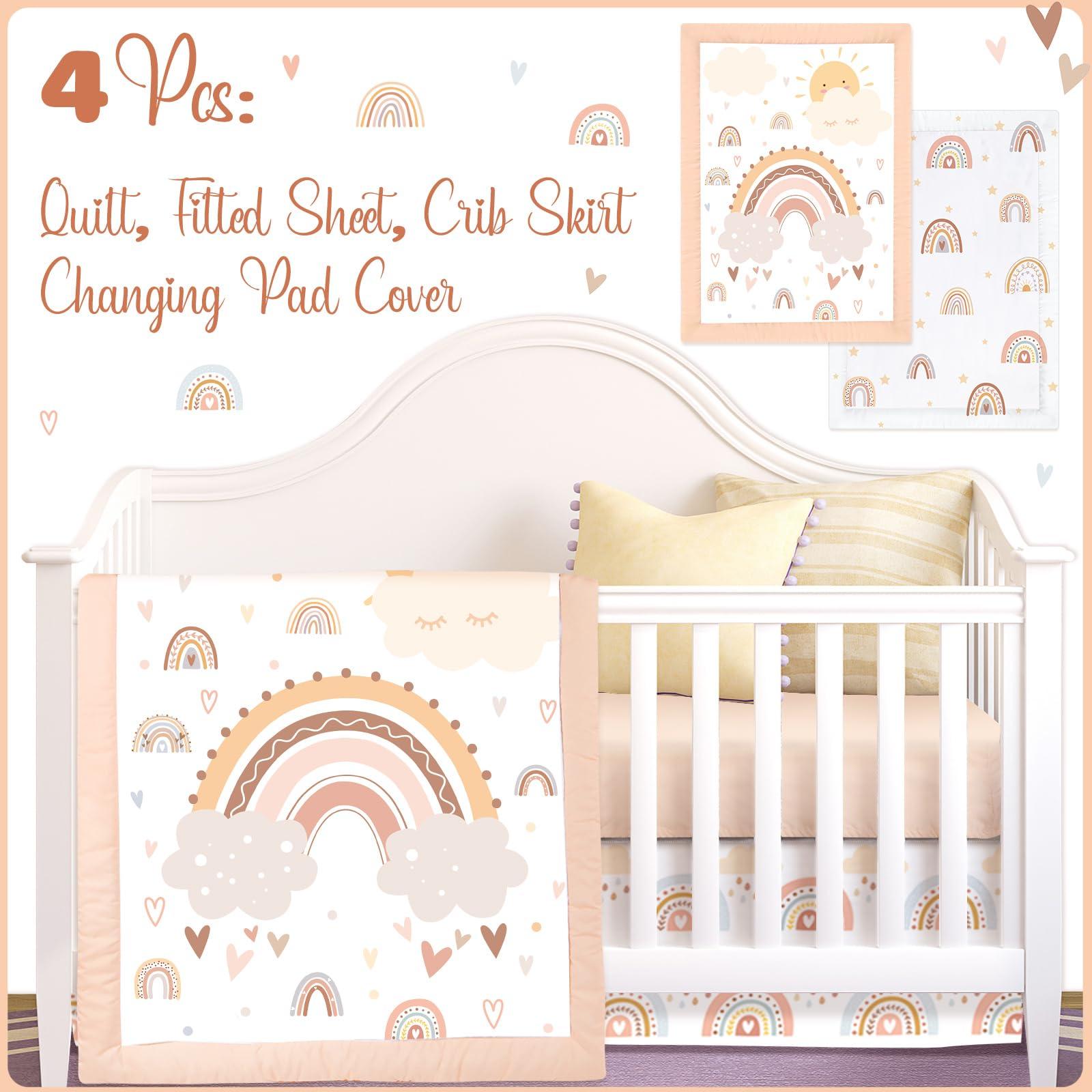 Hahafelt Hahafelt 4 Pieces Rainbow Boho Crib Bedding Set for Girls and Boys, Bohemian Soft Baby Bedding Set Including Crib Skirt, Comforter, Crib Sheet and Diaper Stacker for Nursery