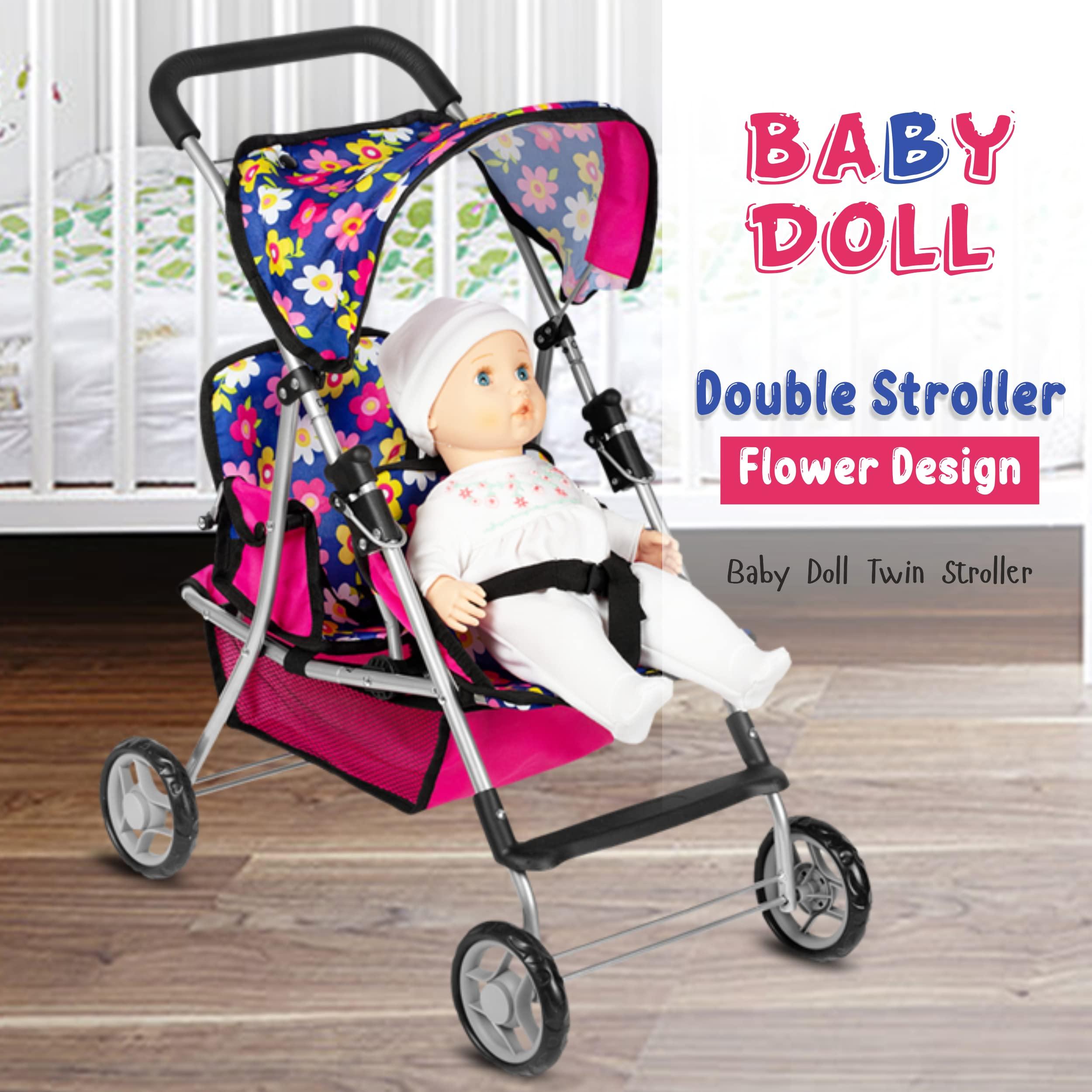fash n kolor fash n kolor Twin Baby Doll Stroller - Pretend Play Baby Stroller for Dolls - Toy Stroller with Storage Basket for Baby Doll Accessories Set - Flower Design Baby Stroller Toy for Kids - Folds Easily