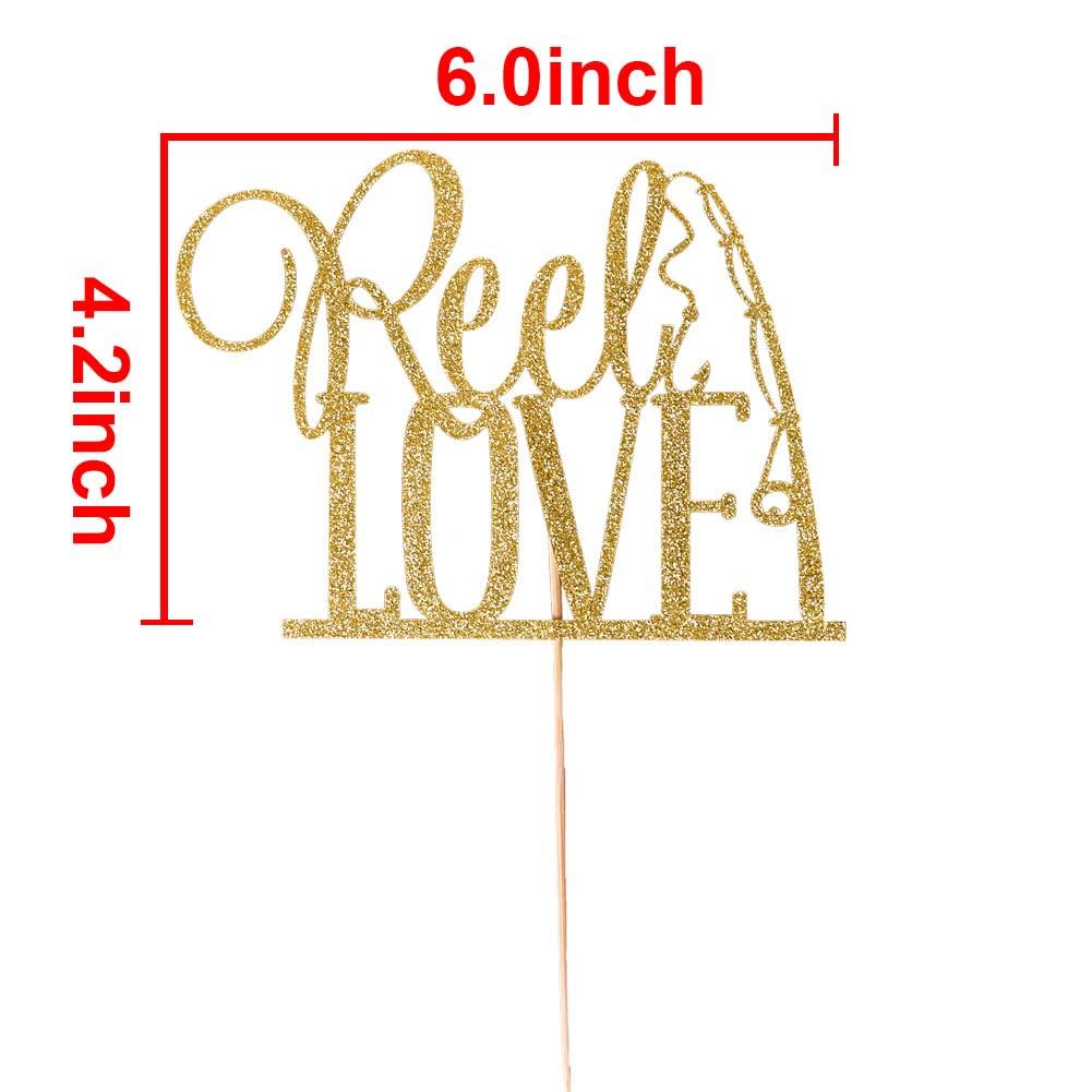 XIUHUBA Reel Love Wedding Cake Topper, Fishing Wedding Cake Toppers, Engagement Party Decors, Gold Glitter