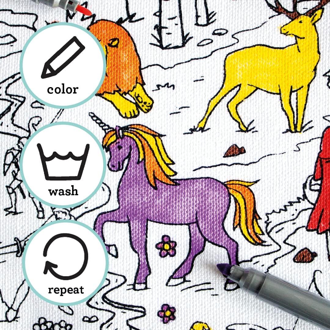eatsleepdoodle eatsleepdoodle Fairy Tale placemat in its own Cotton Carry Bag to Color-in, Fun Educational Mythical Creature Storybook Coloring Placemat, Washable Felt tip Fabric Markers Included