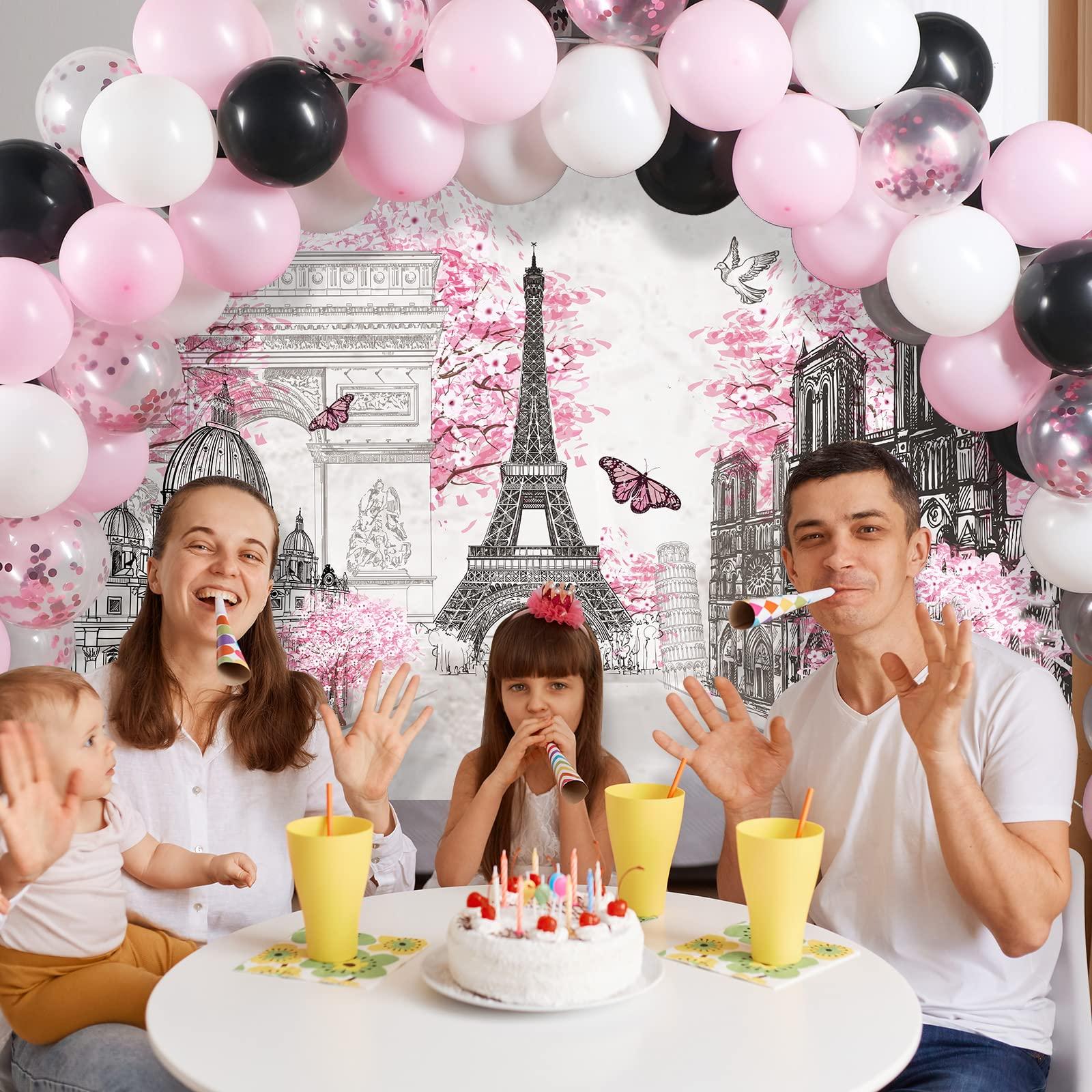Sumind 76 Pcs Paris Party Supplies Set Pink Paris Theme Party Decoration Eiffel Tower Party Backdrop White Pink Black Balloon Arch Garland Kit for Kid Boy Girl Birthday Decoration