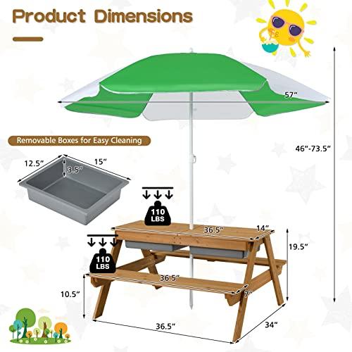 Costzon Costzon Kids Picnic Table, 3 in 1 Sand & Water Table w/Height Adjustable Umbrella, Removable Tabletop, Children Outdoor Toy Playset w/2 Play Boxes, Wooden Convertible Activity Play Table