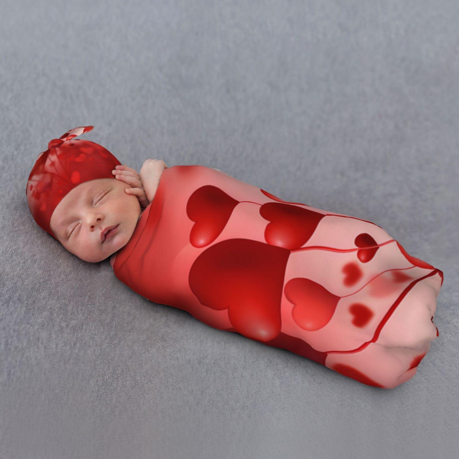 Fiephvsa Red Heart Shape Balloon Baby Swaddle Blanket with Beanie Set, Newborn Receiving Blankets 35.4"X 35.4" Valentine's Day Soft Swaddle Wrap Baby Stuff for Infant Boy Girl Gift