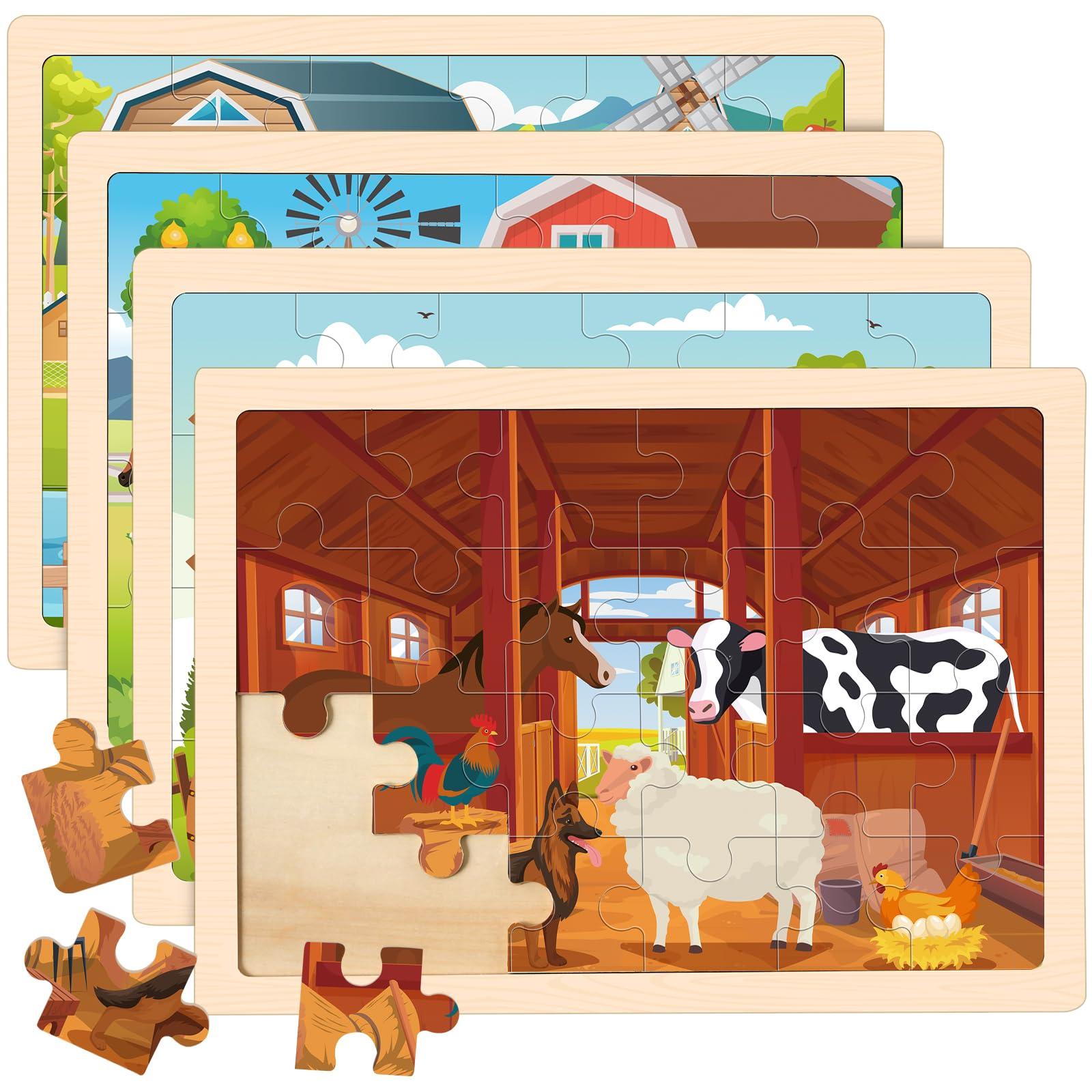 Duchong 4-in-1 Farm Wooden Puzzles for Kids Ages 4-6, 24 PCS Wooden Jigsaw Puzzles for Toddlers Ages 2-4, Preschool Educational Puzzles Boards Toys Gifts for 3 4 5 6 Boys Girls