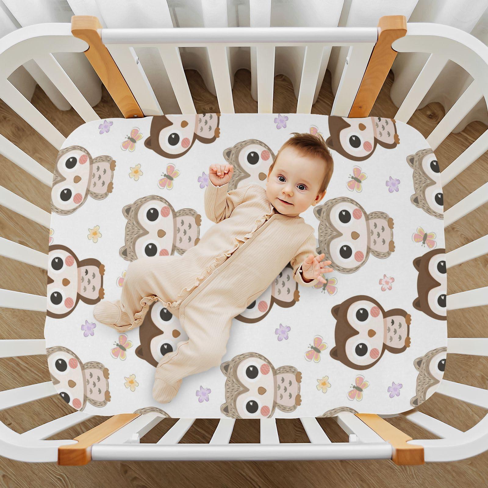 Vdsrup Crib Sheets for Boys Girl Owl Breathable Mini Crib Mattress Sheets Fitted, Butterfly Toddler Fitted Playard Sheet Fits Most Standard Baby mattresses 52 * 28 * 9In