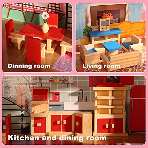 Giragaer Giragaer Wooden Dollhouse Furniture 5 Set, Wood Doll House Miniature Bathroom/ Living Room/ Dining Room/ Bedroom/ Kitchen House Furniture Doll Decoration Accessories Pretend Play Kids Toy Colorful…