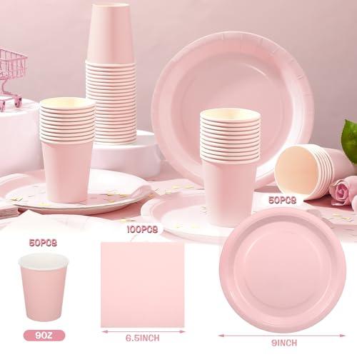 Hushee Hushee 200 Pcs Pink Party Supplies Set Pink Paper Plate and Napkins Serves 50 Guests Pink Disposable Plates Napkins Cups for Baby Shower Decorations for Girl, Pink Party Decorations