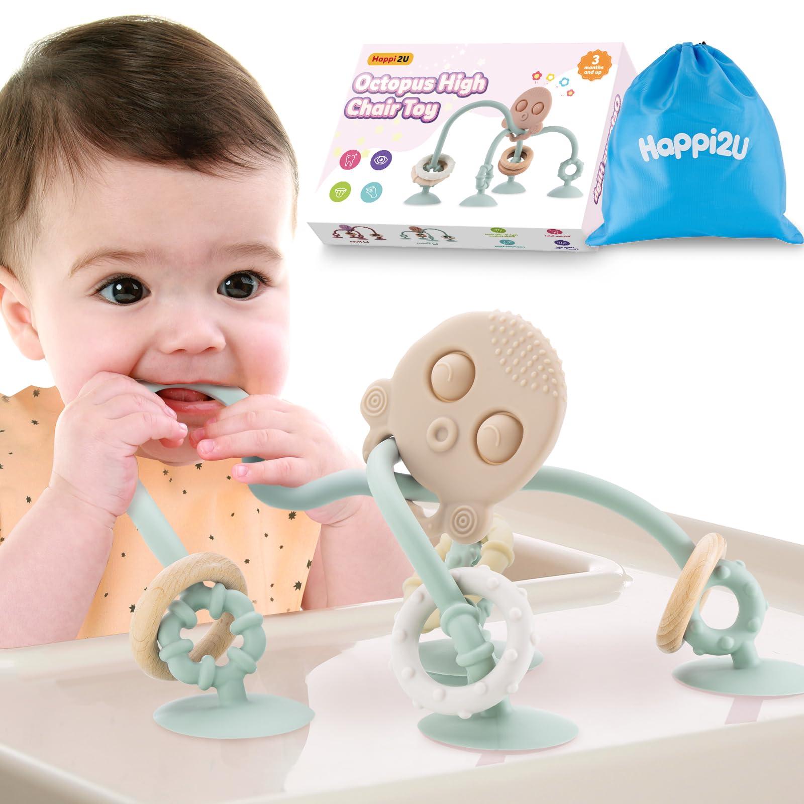 Happi2U Happi2U Baby Teething Toys, High Chair Toy with Suction Cup for Infant Toddlers 6 12 18 24 Month, Food Grade Silicone Teether with Oak Loop, Montessori Sensory Educational Baby Bath Toy Gifts (Green)