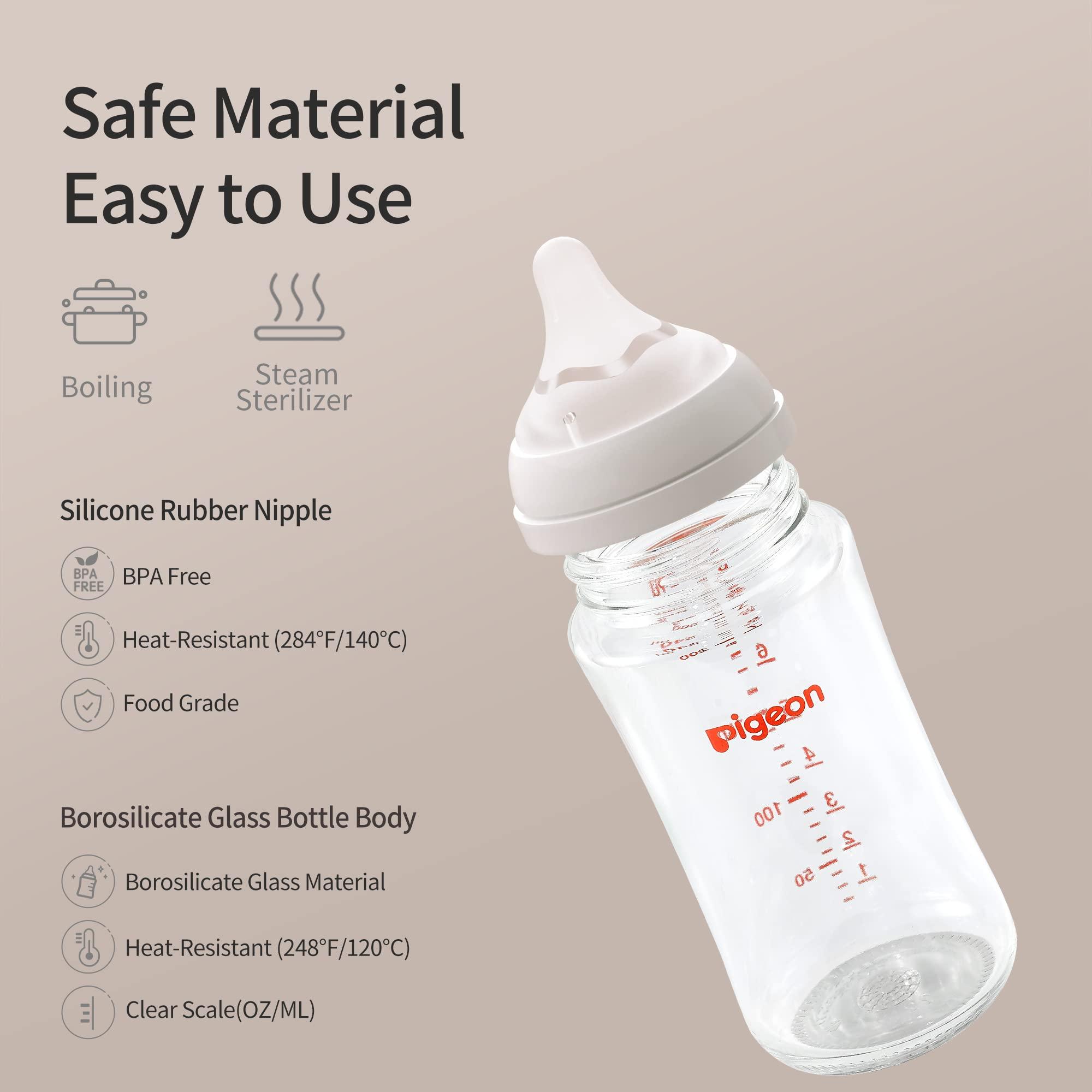 PIGEON Pigeon Glass Nursing Bottle Wide Neck, Anti-Colic, Streamlined Body, Natural Feel, Easy to Clean, Heat-Resistant, 8.1 Oz(Pack of 2), Includes 2pcs M Nipples (3m+)