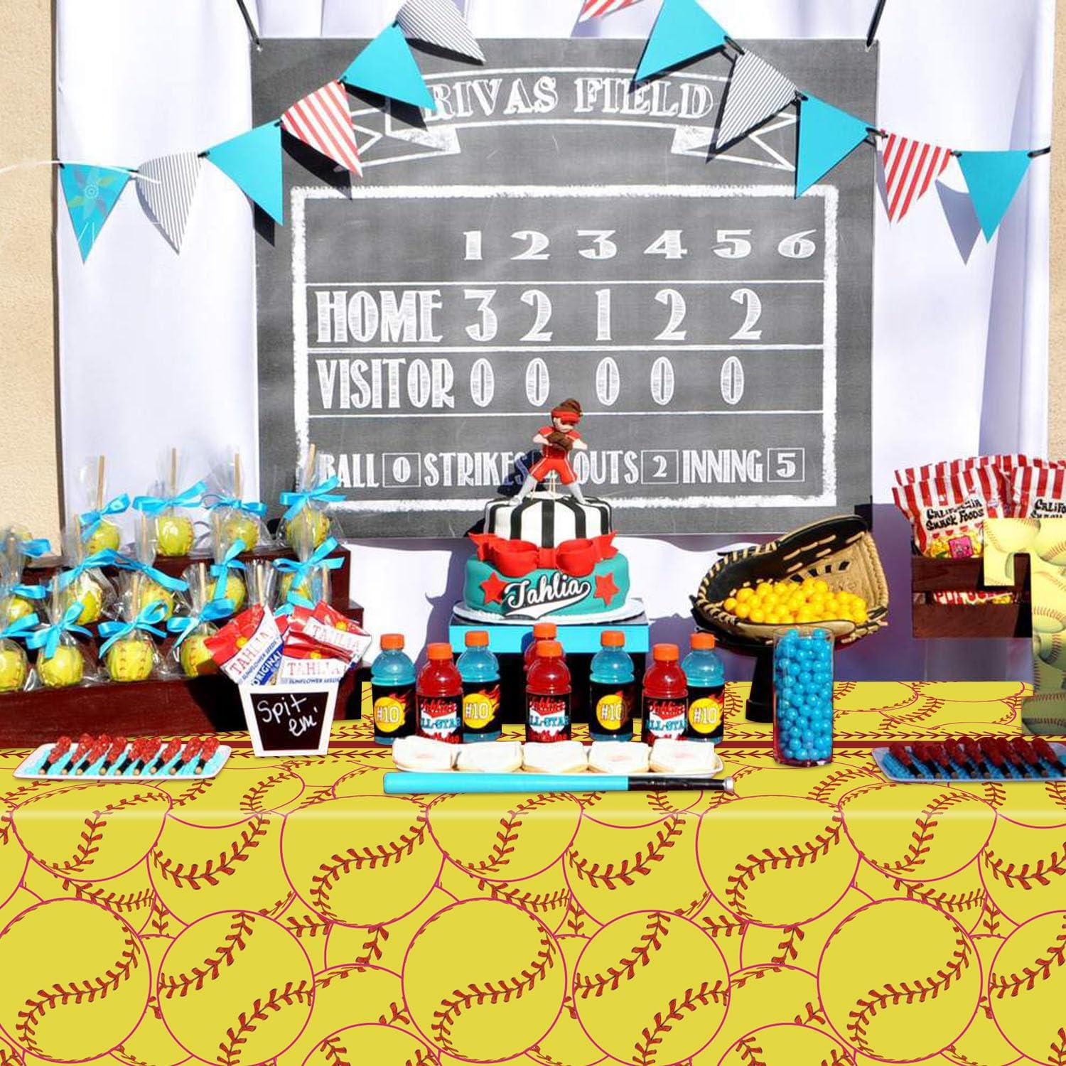 PTECDROTS PTECDROTS 4 Pcs Softball Tablecloths, Disposable Softball Party Decorations Table Covers, Softball Pattern Table Cloth for Softball Thee Sports Event Birthday Party Supplies, 51x86 Inch