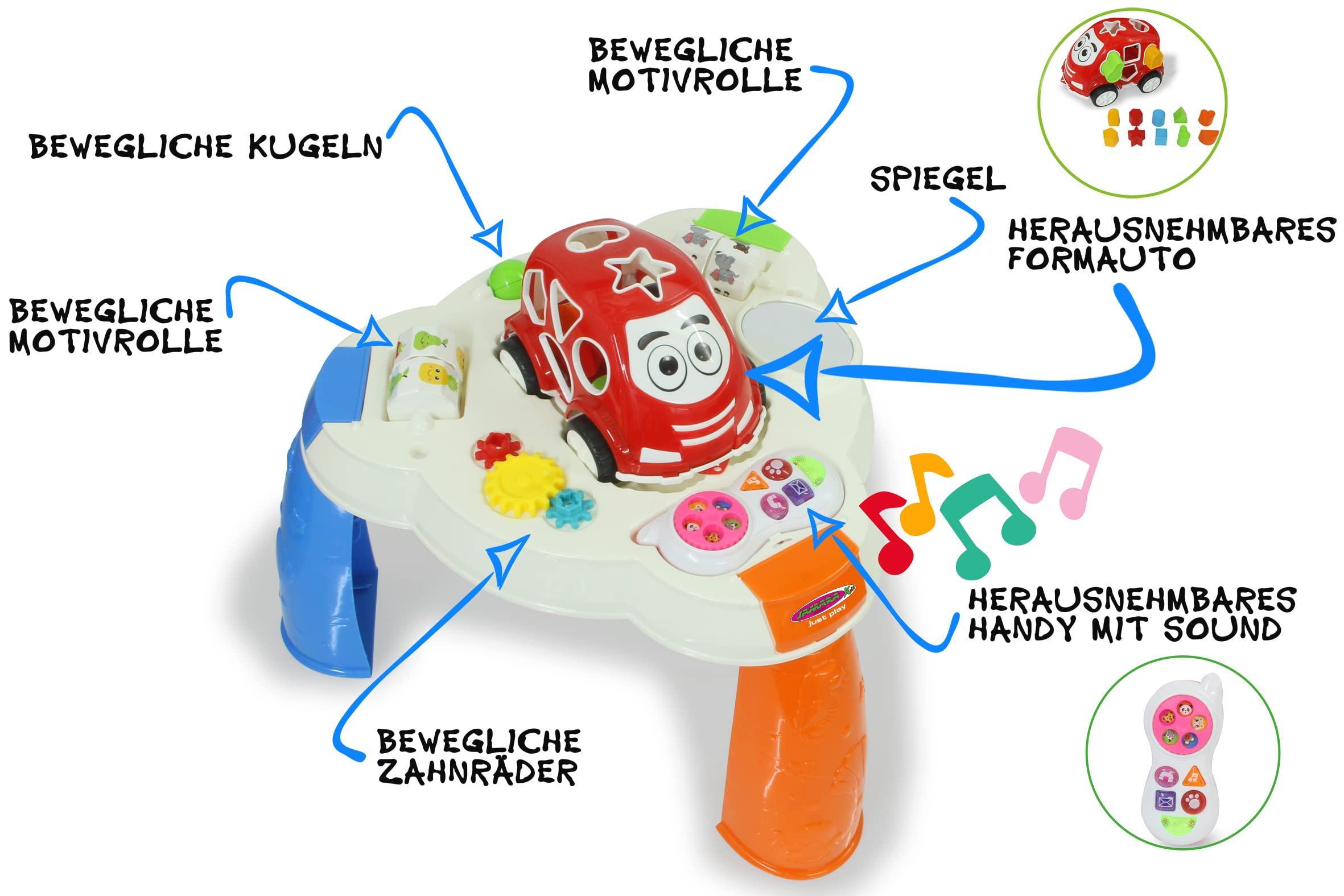 Jamara JAMARA Game Table with Shaped Car and Mobile Phone - Promotes Fine and Gross Motor Skills, Music, LED Light Effects, 10 Shapes in 5 Colours, Mirror, Smooth-Running Plastic Wheels, 13 Pieces