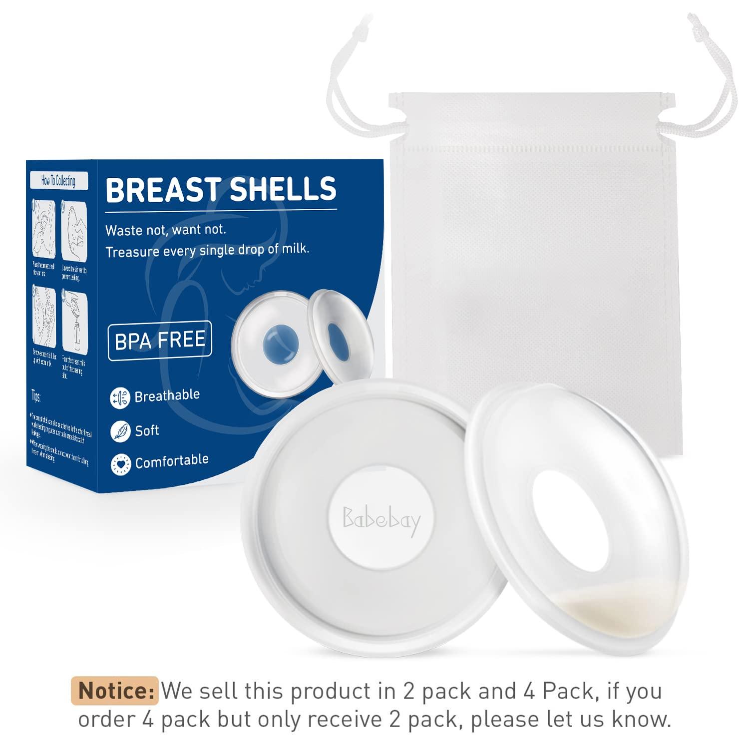 Babebay Breast Shells, 4 Pack Nursing Cups, Milk Saver, Protect Sore Nipples for Breastfeeding, Collect Breastmilk Leaks for Nursing Moms, Soft and Flexible Silicone Material, Reusable