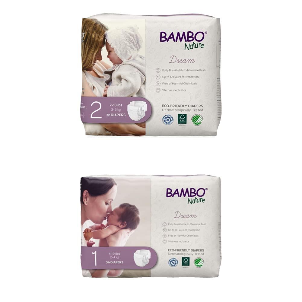 Bambo Nature Bambo Nature Premium Eco-Friendly Baby Diapers Size 2, 32 Count and Size 1, 36 Count