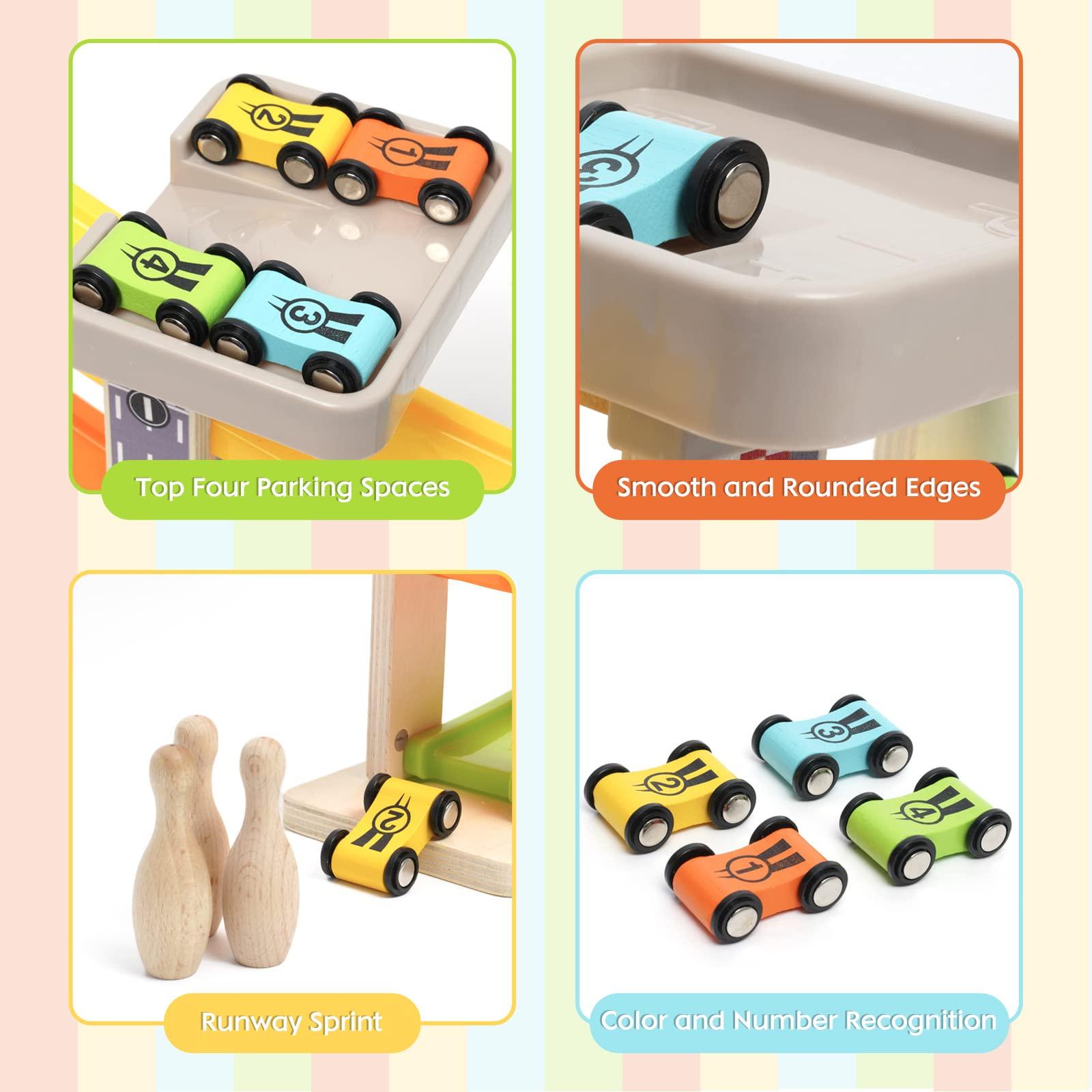 Ark miido Wooden Car Ramp Toys Race Track Zig Zag Car Slide Toddler Montessori Toys Click Clack Race Track Bowling Game Gifts Wooden Car Toy Garage with 4 Mini Cars 3 Bowlings for 1 2 3 4 5 Year Old Boys Girls