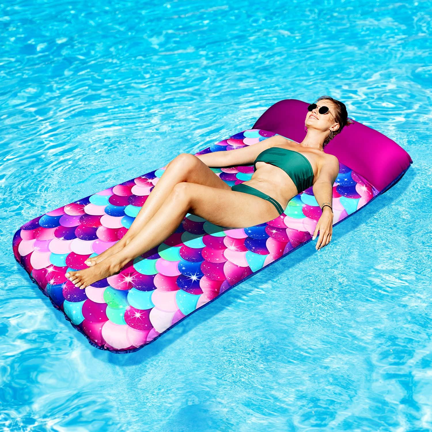 PARENTSWELL PARENTSWELL Inflatable Mermaid Scales Pool Floats, 72" X-Large Fabric Covered Pool Float with Headrest, Pool Lounge Floaties for Adults, Summer Pool Party Decorations Supplies