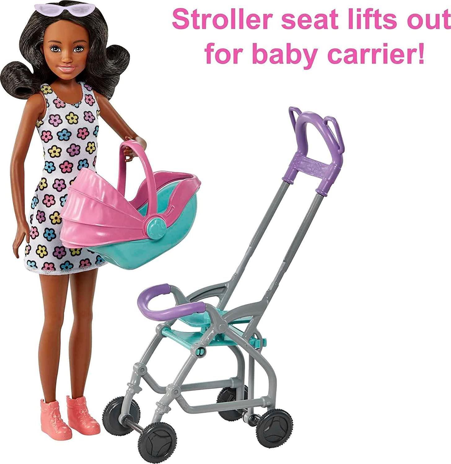 Barbie Barbie Skipper Babysitters Inc Playset with Brunette Doll, Stroller, Baby Doll & 5 Accessories, Remove Stroller Seat for Carrier
