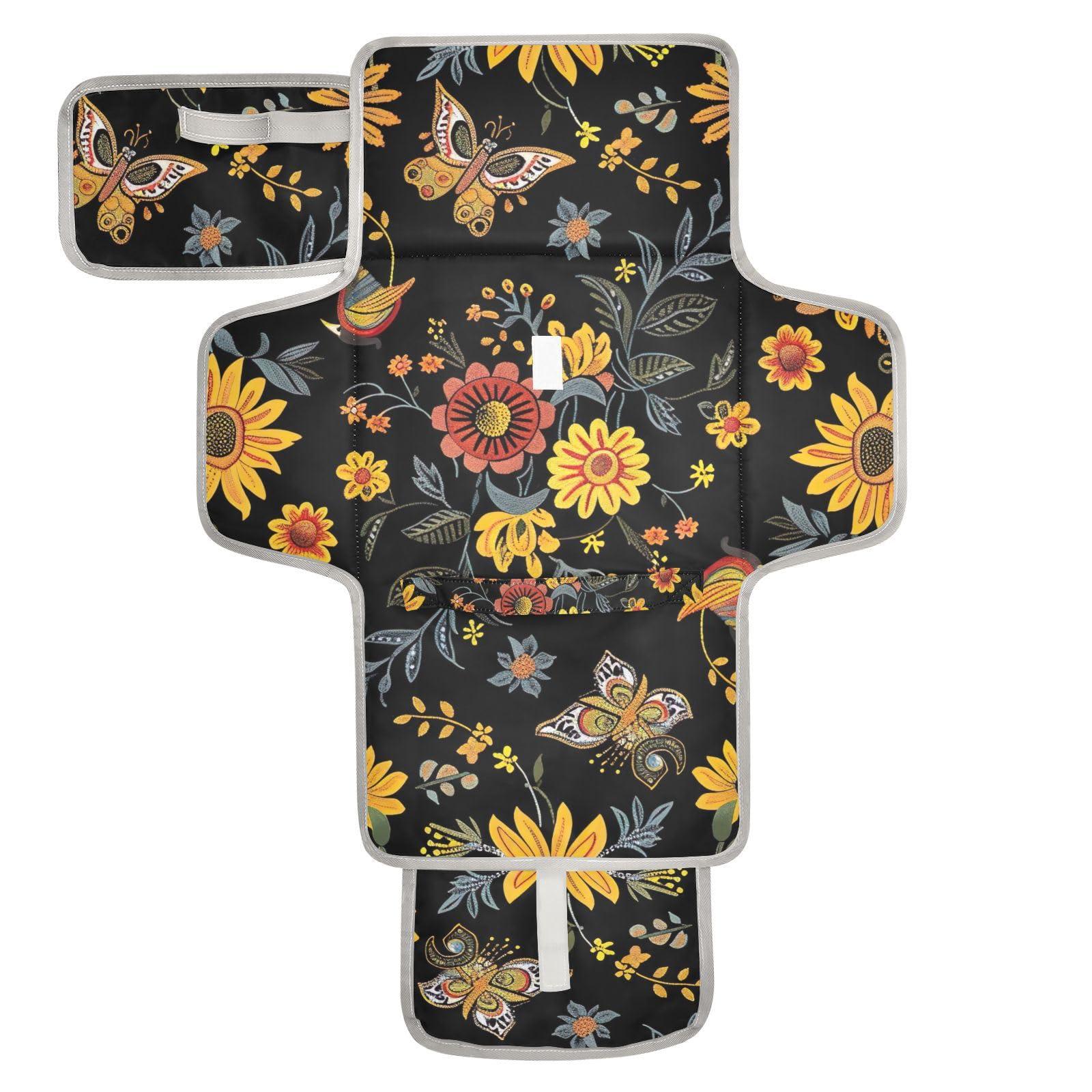 xigua Portable Changing Pad for Baby - Mexican Floral Pattern Waterproof Diaper Changing Mat Travel Changing Pad with Built-in Pillow - Shower Gift for Baby