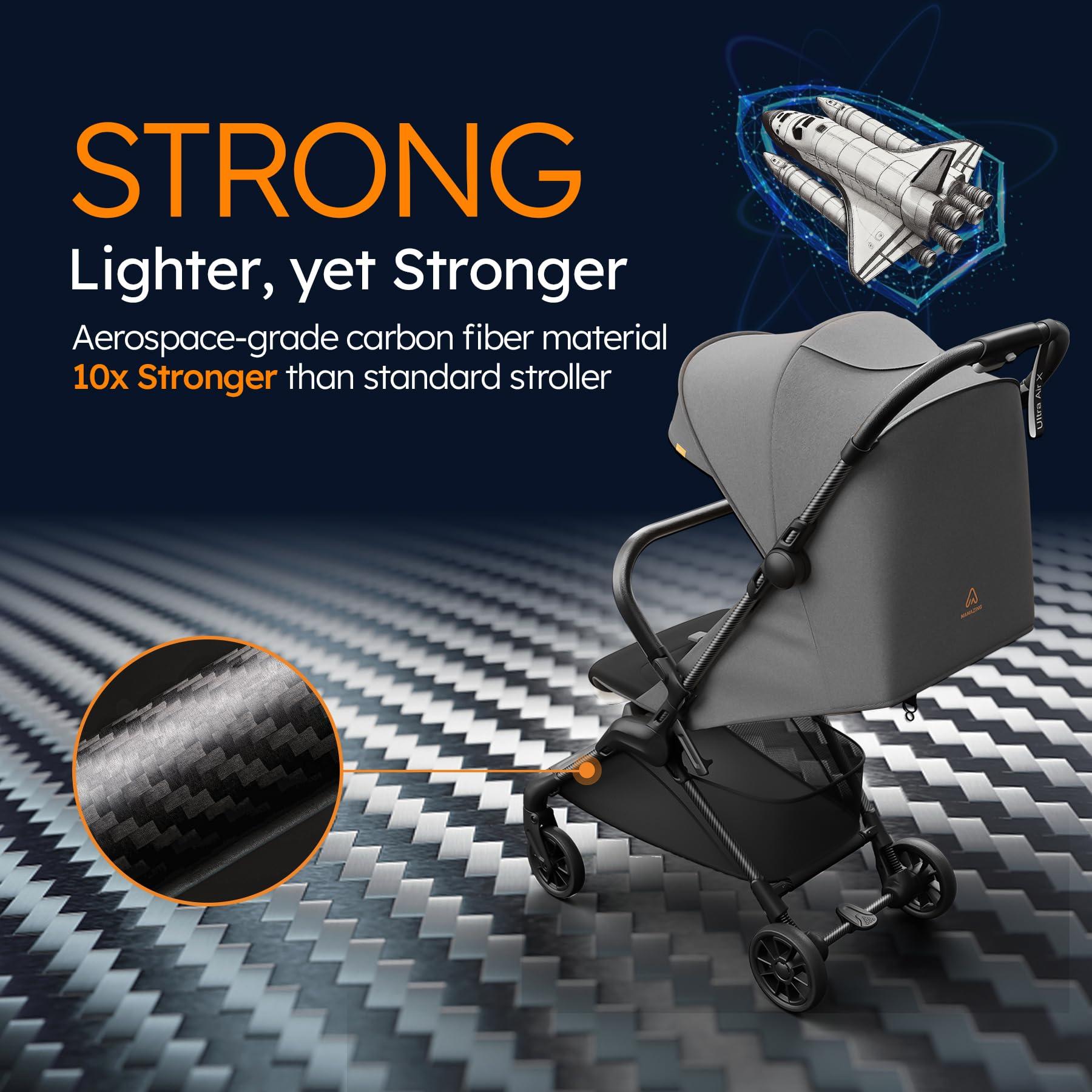 MAMAZING Lightweight Baby Strollers for Airplane, Ultra-Compact Travel Stroller, Light & Strong Portable Toddler Stroller with Carbon Fiber Frame and UPF 50+ Waterproof Fabric, Only 9.9 lbs, Black