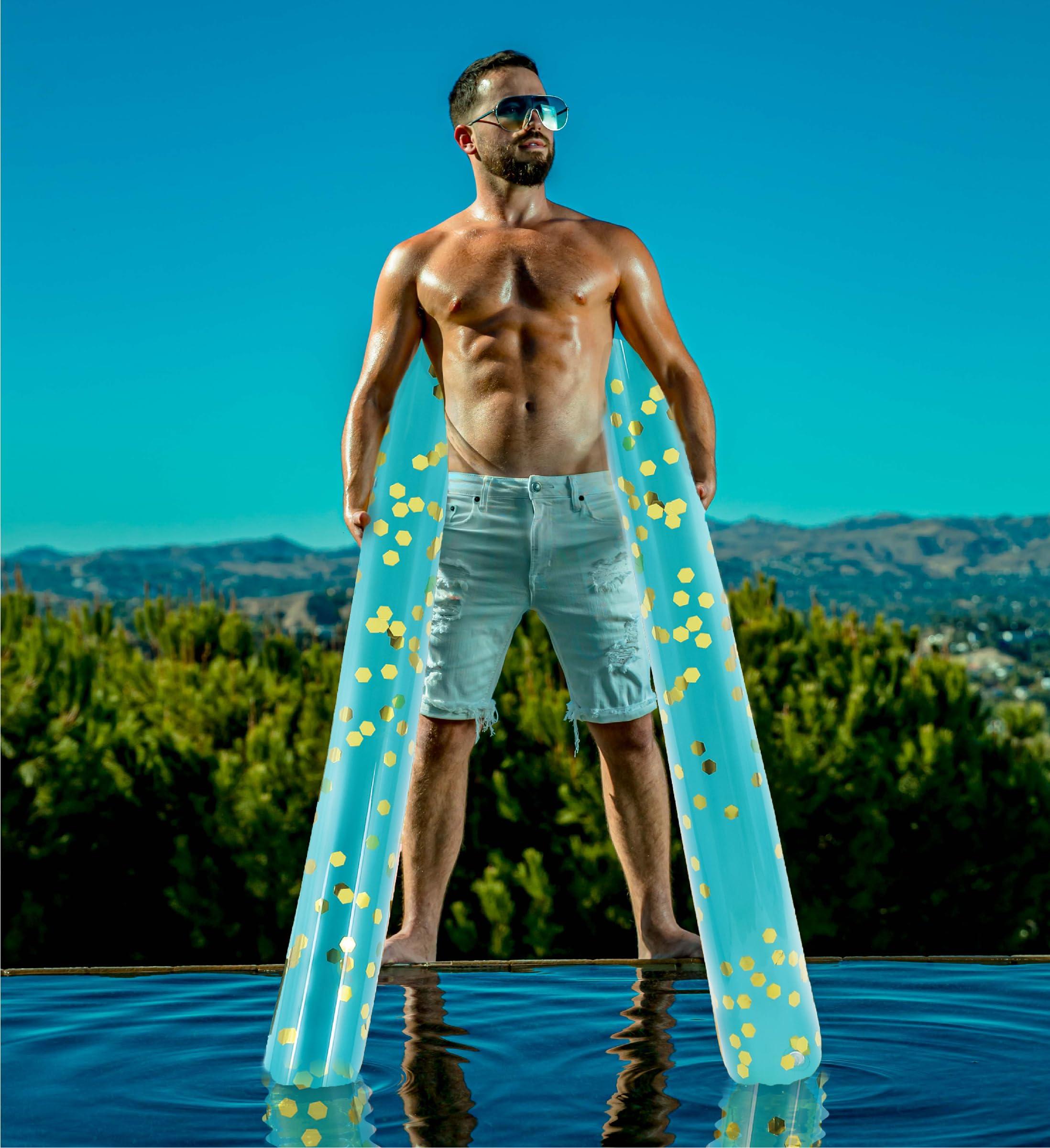 POZA POZA 2 Pack Jumbo Inflatable Pool Noodle Floats - 74-inch Premium Luxurious Giant Pool Noodle Inflatable Floats, Sparkle Blue Gold Glitter Confetti Pool Float Inflatable Noodles for Ocean, Lake, Beach