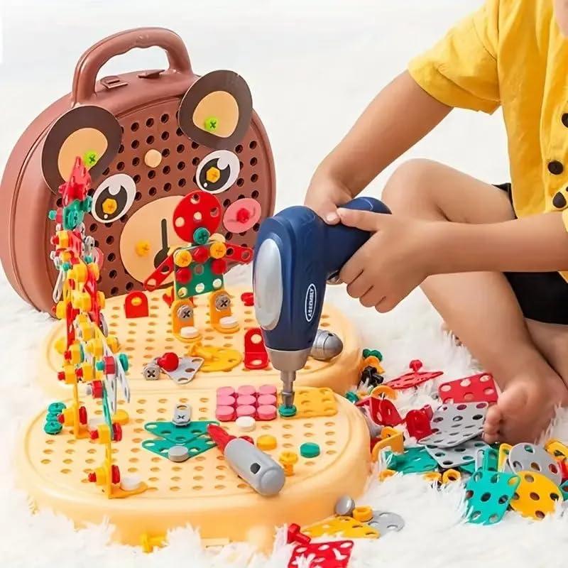 Generic Magic Montessori Play Toolbox Bear or Dog,Keolaa Creativity Tool Box Kit Toy with Drill for Girls/Boys (Bear, with Electric Drill)