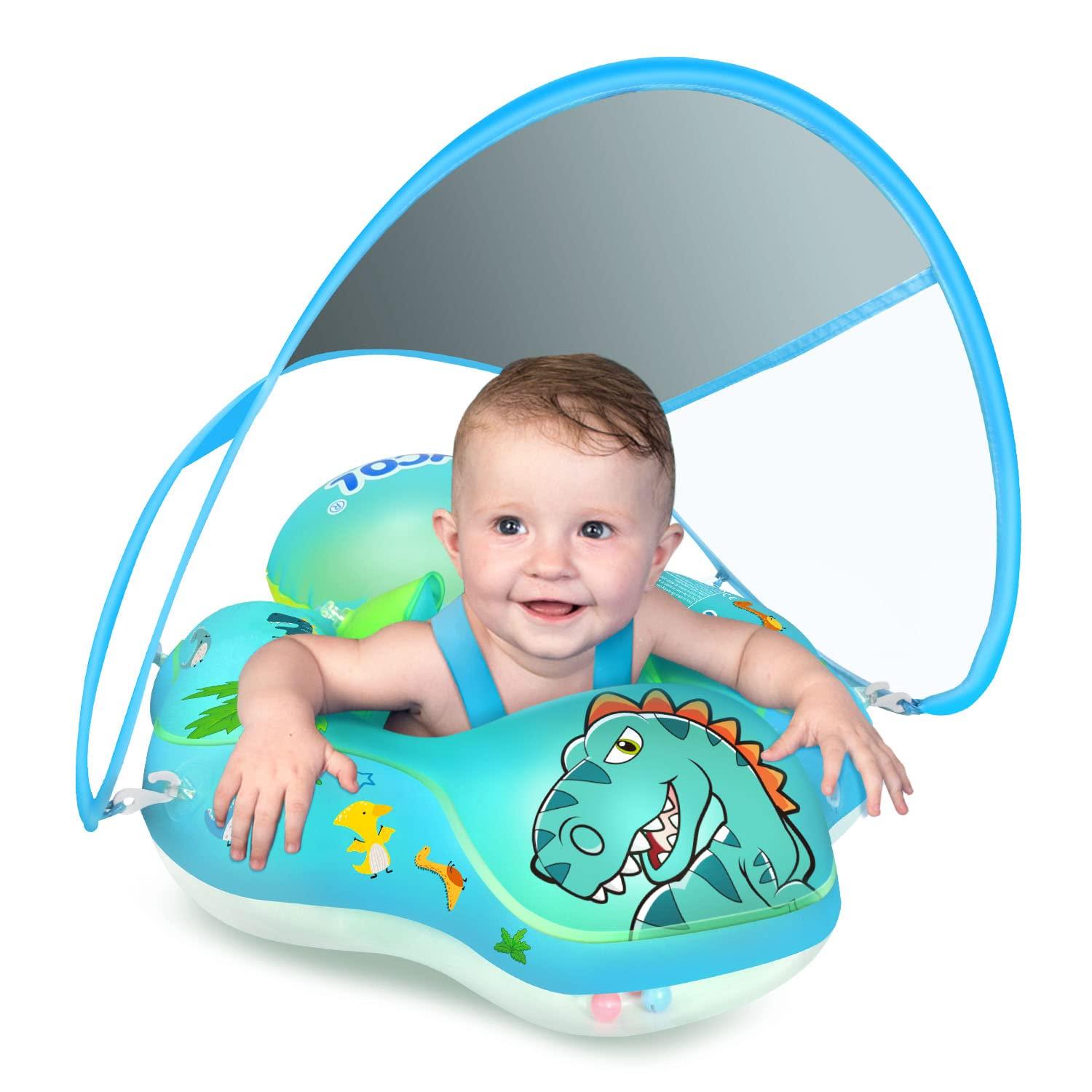 LAYCOL LAYCOL Baby Swimming Float Inflatable Baby Pool Float Ring Newest with Sun Protection Canopy,add Tail no flip Over for Age of 3-36 Months (Dinosaur, S)