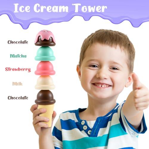 FRIEET Ice Cream Toys for Kids, Toddler Pretend Play Kitchen Food Accessories, Ice Cream Counter Playset, Pretend Food Toys for 3 4 5 6 Year Old Girls & Boys, Christmas Birthday Toys Gift for Kids