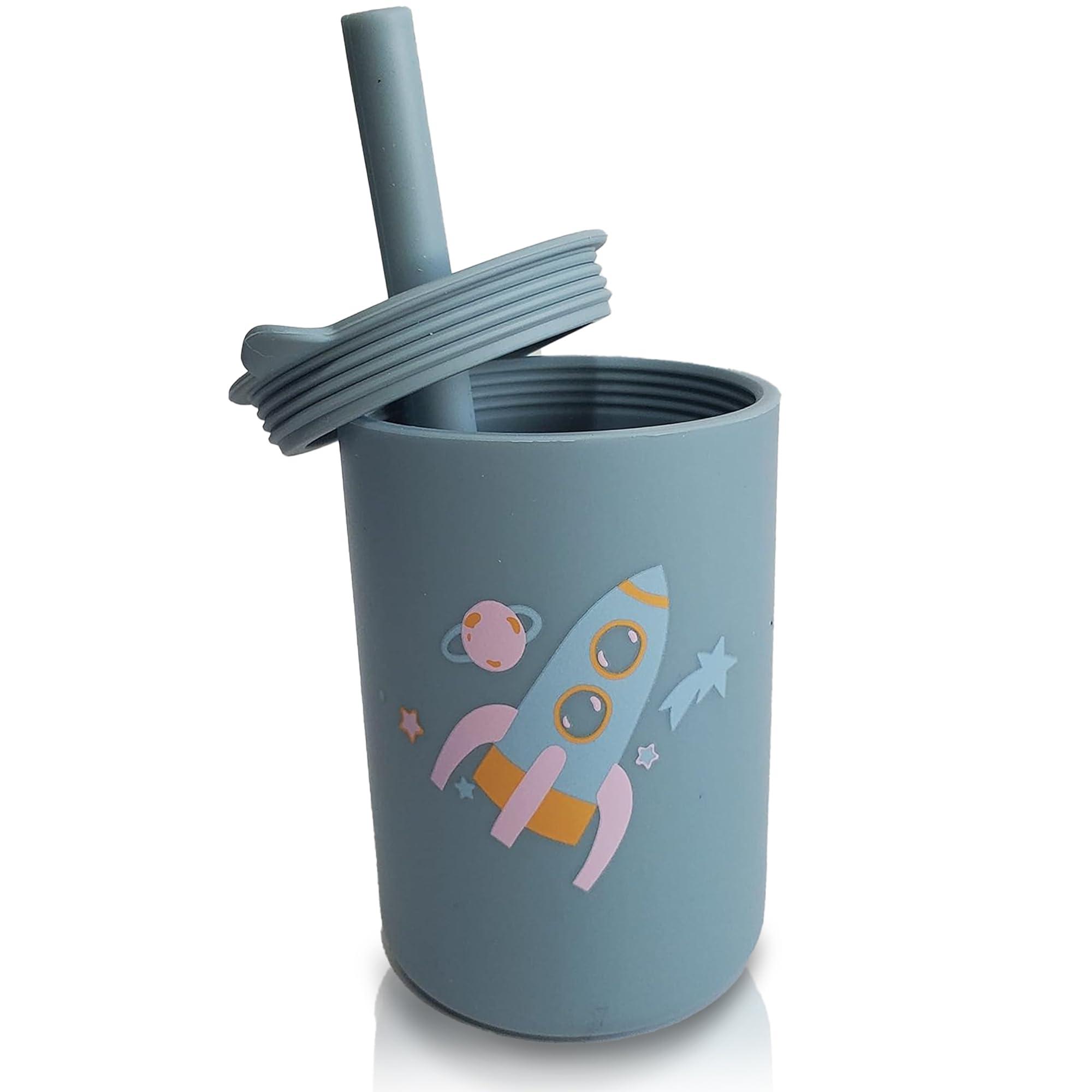 ToysCentral Basics Toddler Cup, Silicone Training Cup Sippy Cup with Straw, Non-Slip, NO BPA, Unbreakable, Trainer Cup for Babies Toddlers and Infants (Dusty blue w/ rocket)