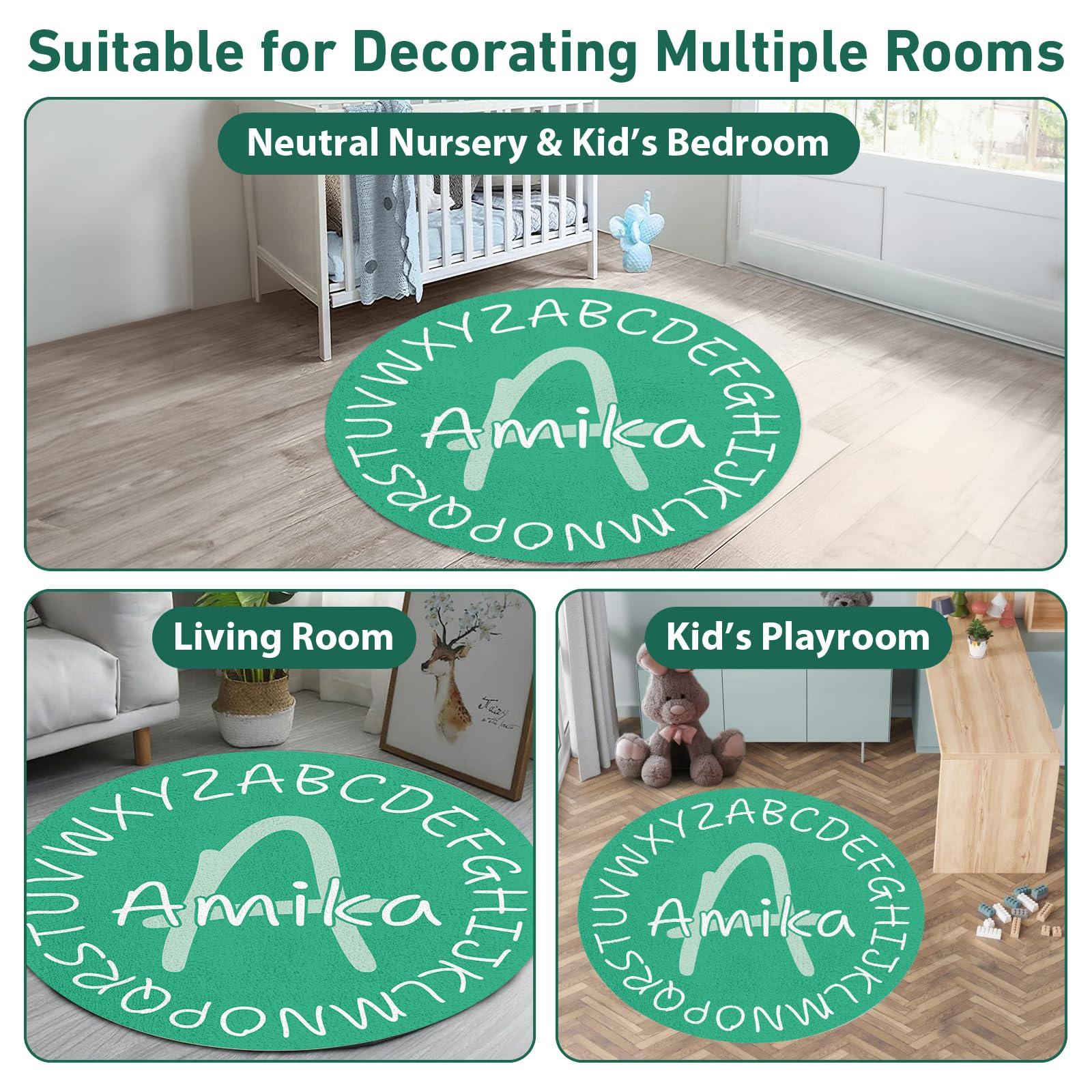 lanleay lanleay Custom Name Alphabet Design Nursery Rug for Baby Room Decor, Personalized Green Toddler Rugs for Baby Boys Girls, Customized Newborn Rugs for Baby Playrooms Personalized Gift