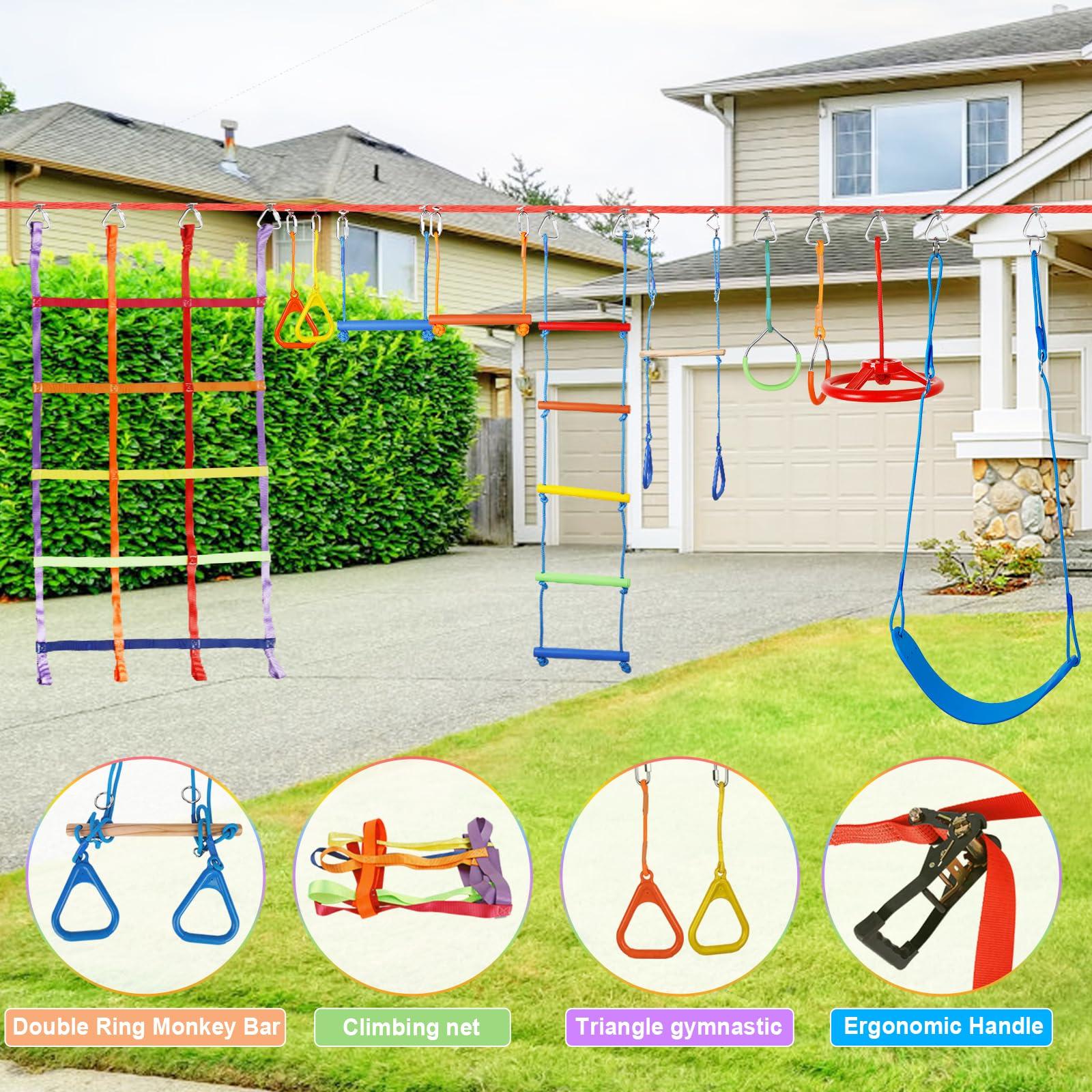 ITEFDTUTNE 50ft Ninja Warrior Obstacle Course for Kids with Swing, Ninja Course for Kids Outside with 11 Accessories--Swing Set, Trapeze Swing, Climbing Net, Rope Ladder, Outdoor Playset with Monkey Bars