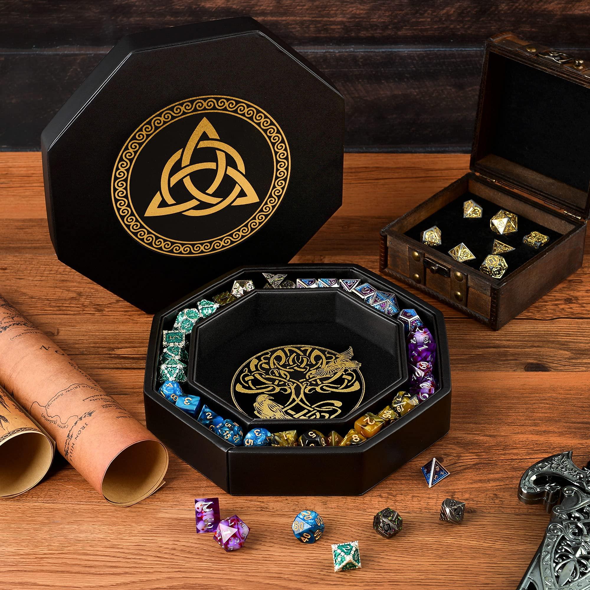 Soar Forge DND Dice Tray - Premium 8 Inch Tray Dungeons and Dragons - Exquisitely Detailed Gold World Tree & Triquetra Design - Perfect Rolling & Box Storage to Protect Your Dice for D&D and RPG