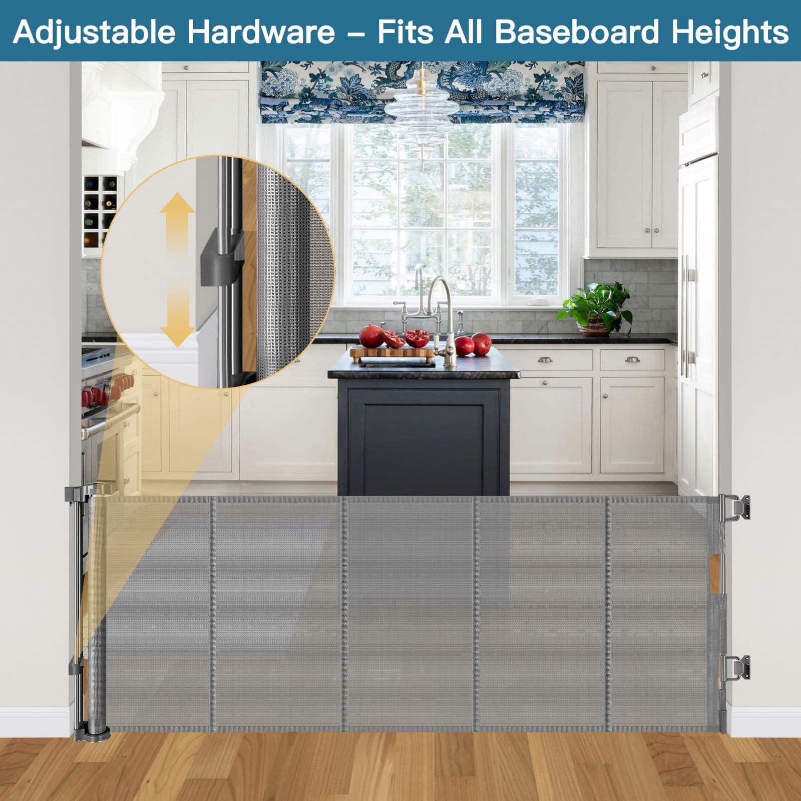 Stcockis 28 Inch Tall Retractable Baby Gates, 80" Wide Reinforced Retractable Dog Gate with Support Rods, Walk Through Pet Gate, Short Dog Gate Retractable Pet Gate, Mesh Baby Gate for Stairs, Doorways, Gray